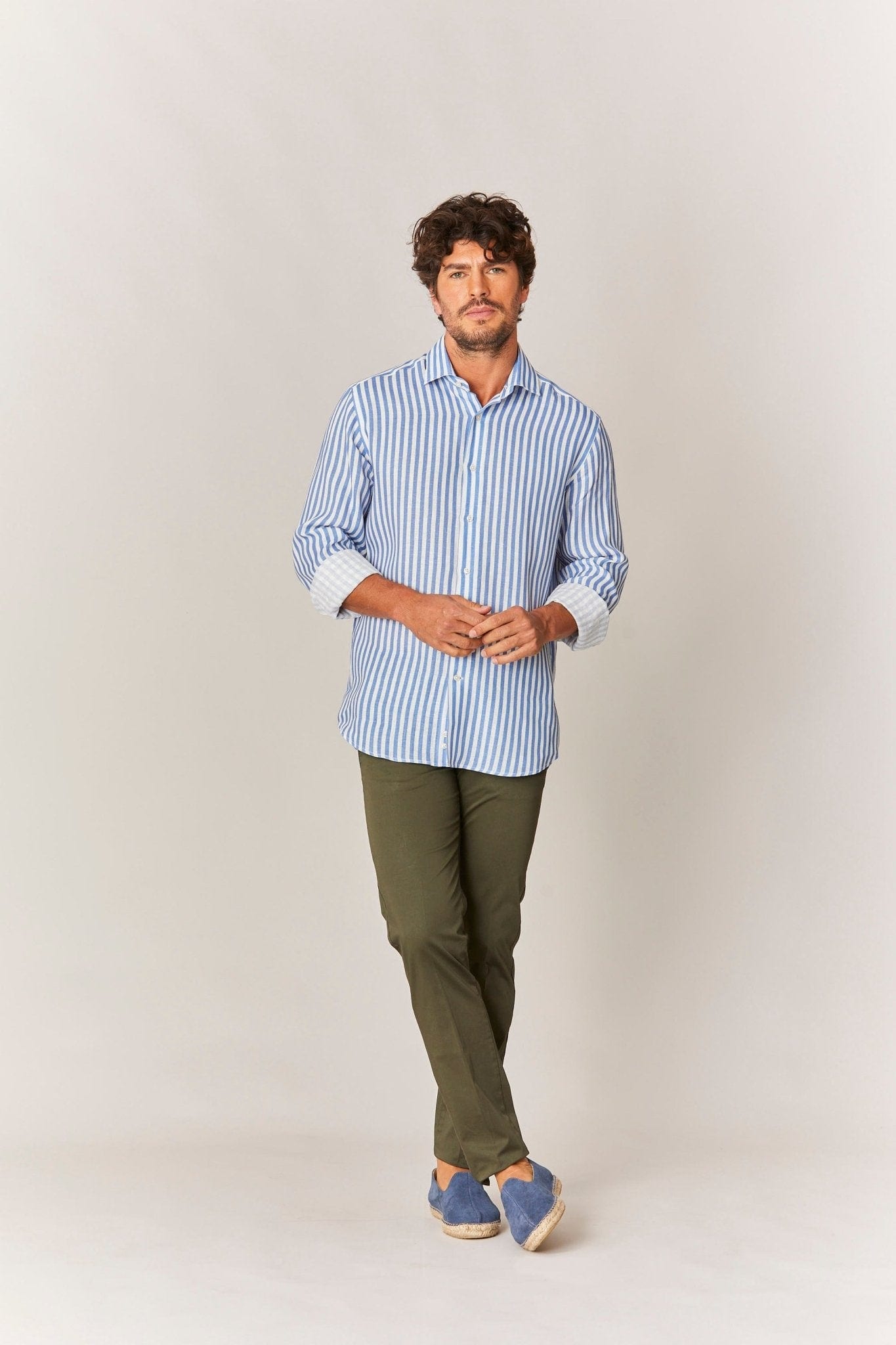 Men's linen shirt sky blue striped - imagen 2