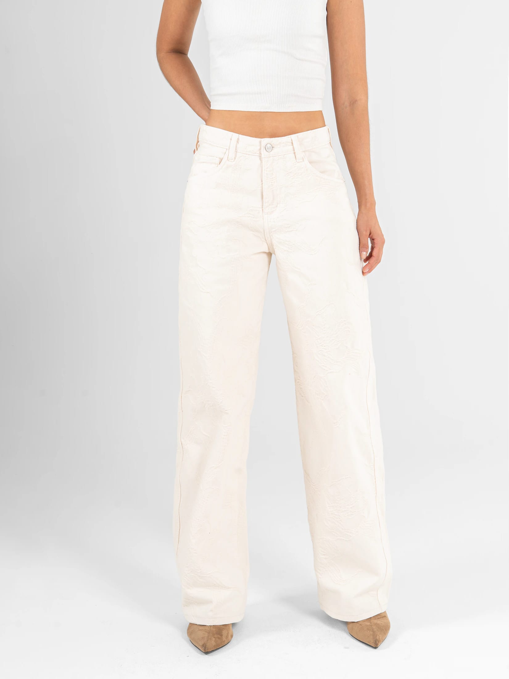 Ref: 0620600 Pantalón wide leg, rígido, tiro medio, tela bordada, tono natural - imagen 1