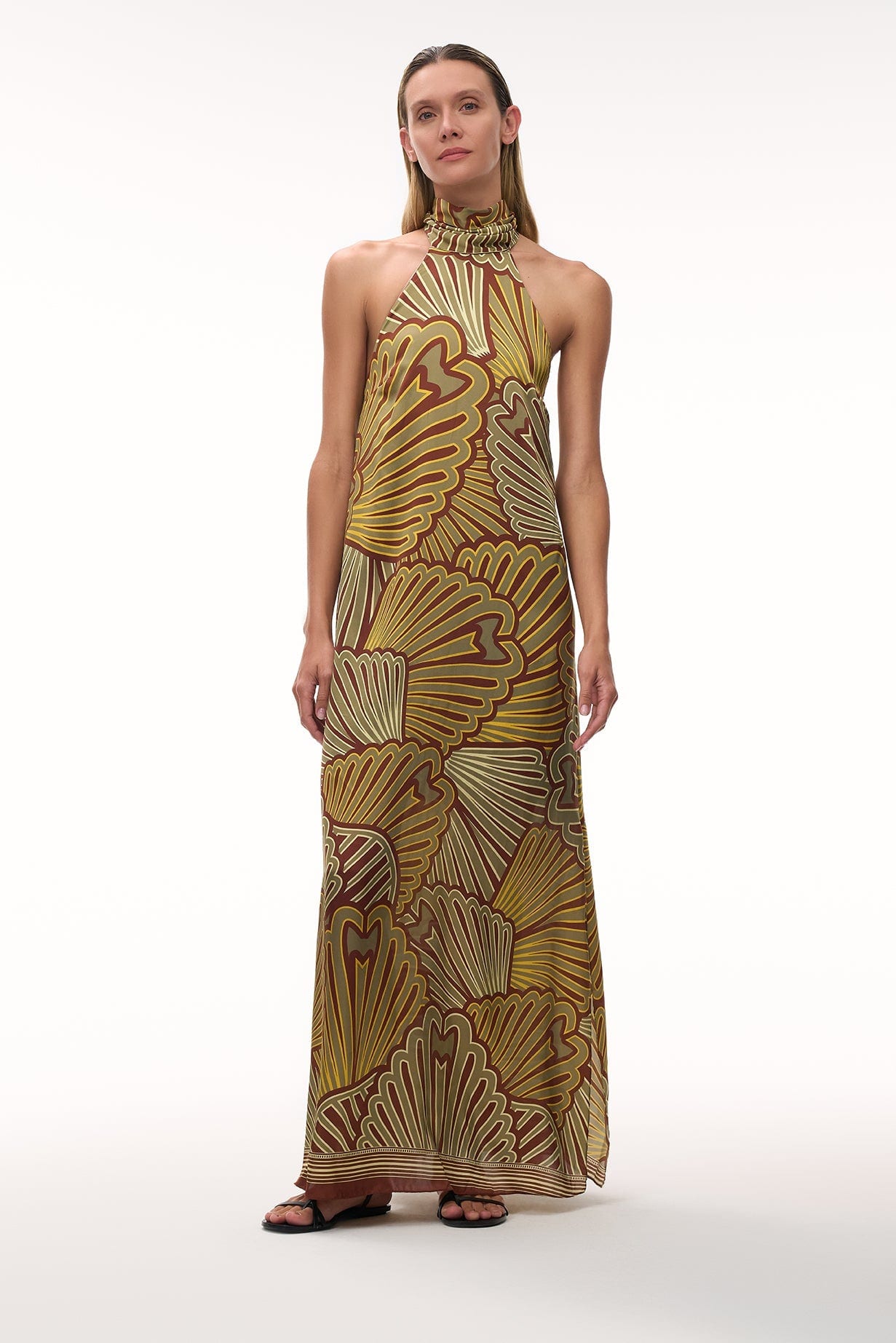 Costa Pacifica Satin Silk Midi Dress / Yellow Intricate Shells - imagen 2