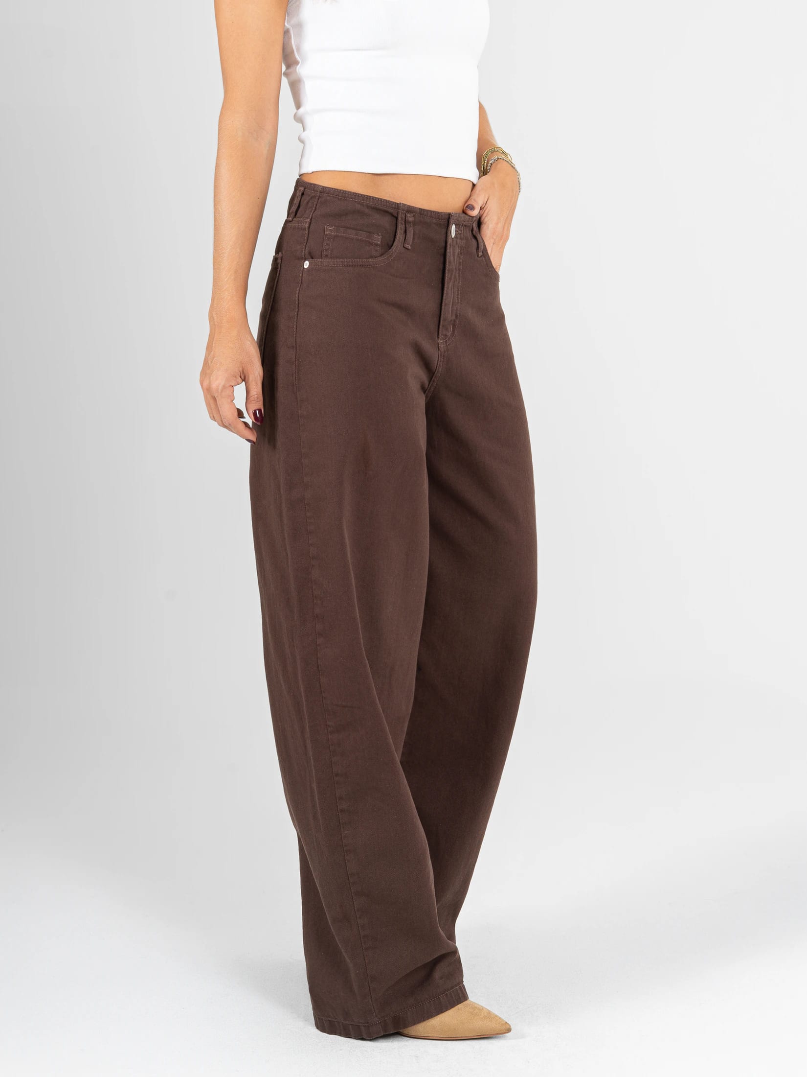Ref: 0620562 Pantalón wide leg, rígido, tiro alto, detalle en pretina, tono café - imagen 3