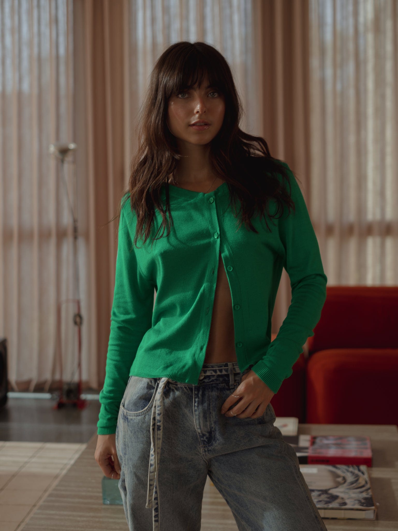 ASYMMETRIC BUTTON CARDIGAN - BRIGHT GREEN - imagen 8