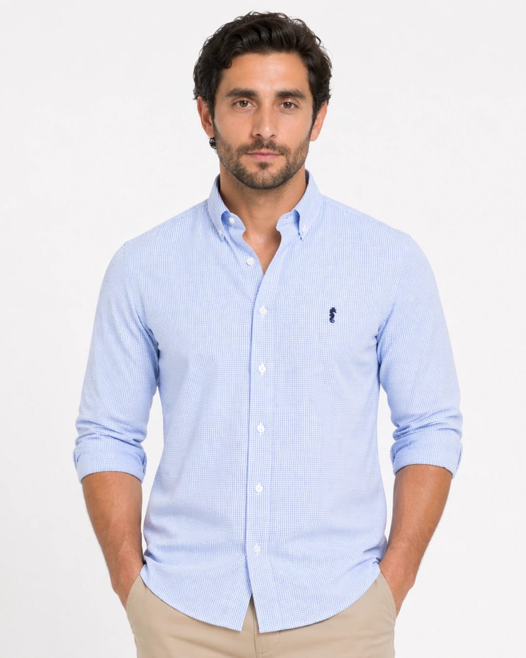 Camisa 100% Algodón Manga Larga Cuadros Azul Claro - imagen 1