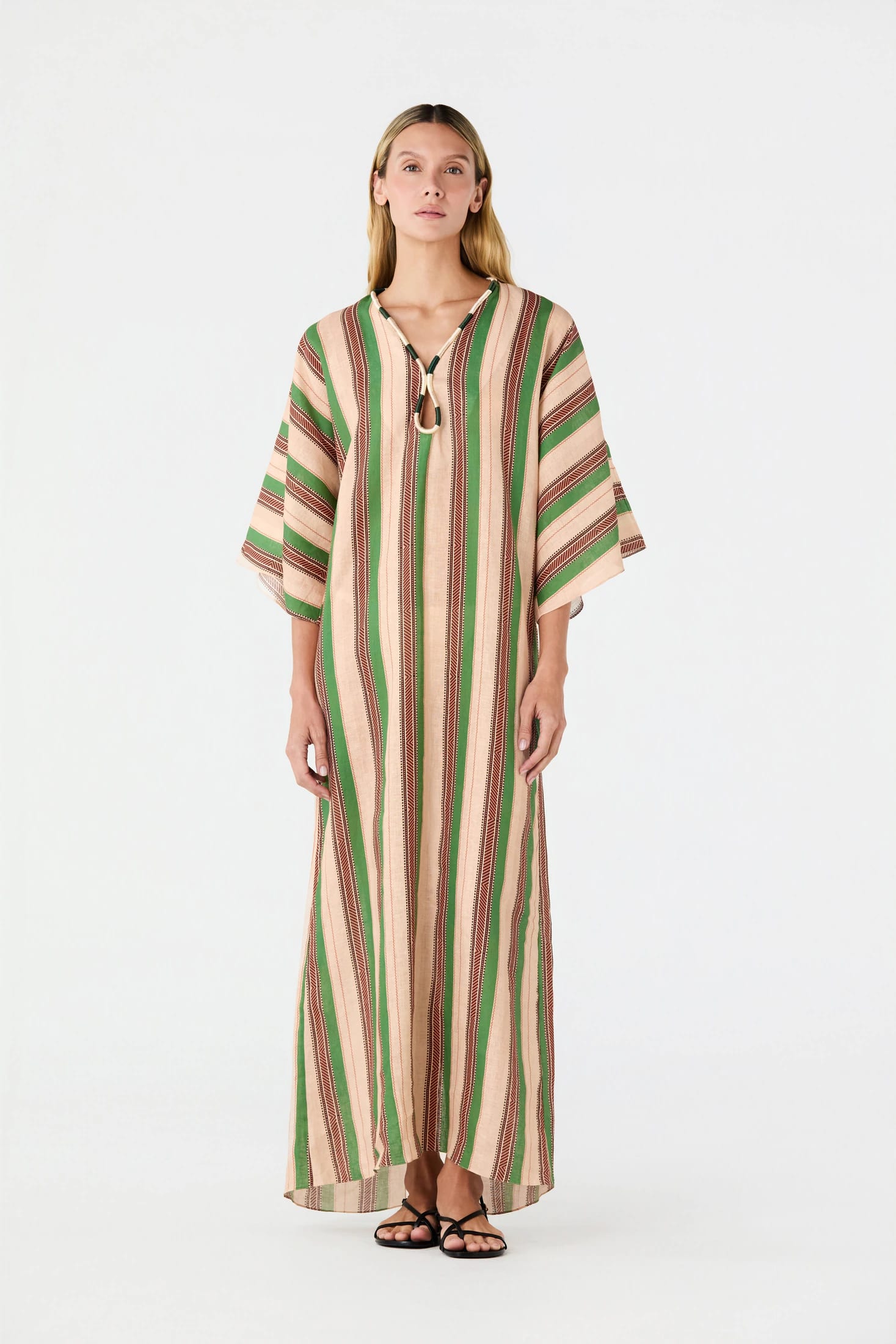 Andina Hand-Embroidered Linen Tunic / Green Artisanal Stripes - imagen 2