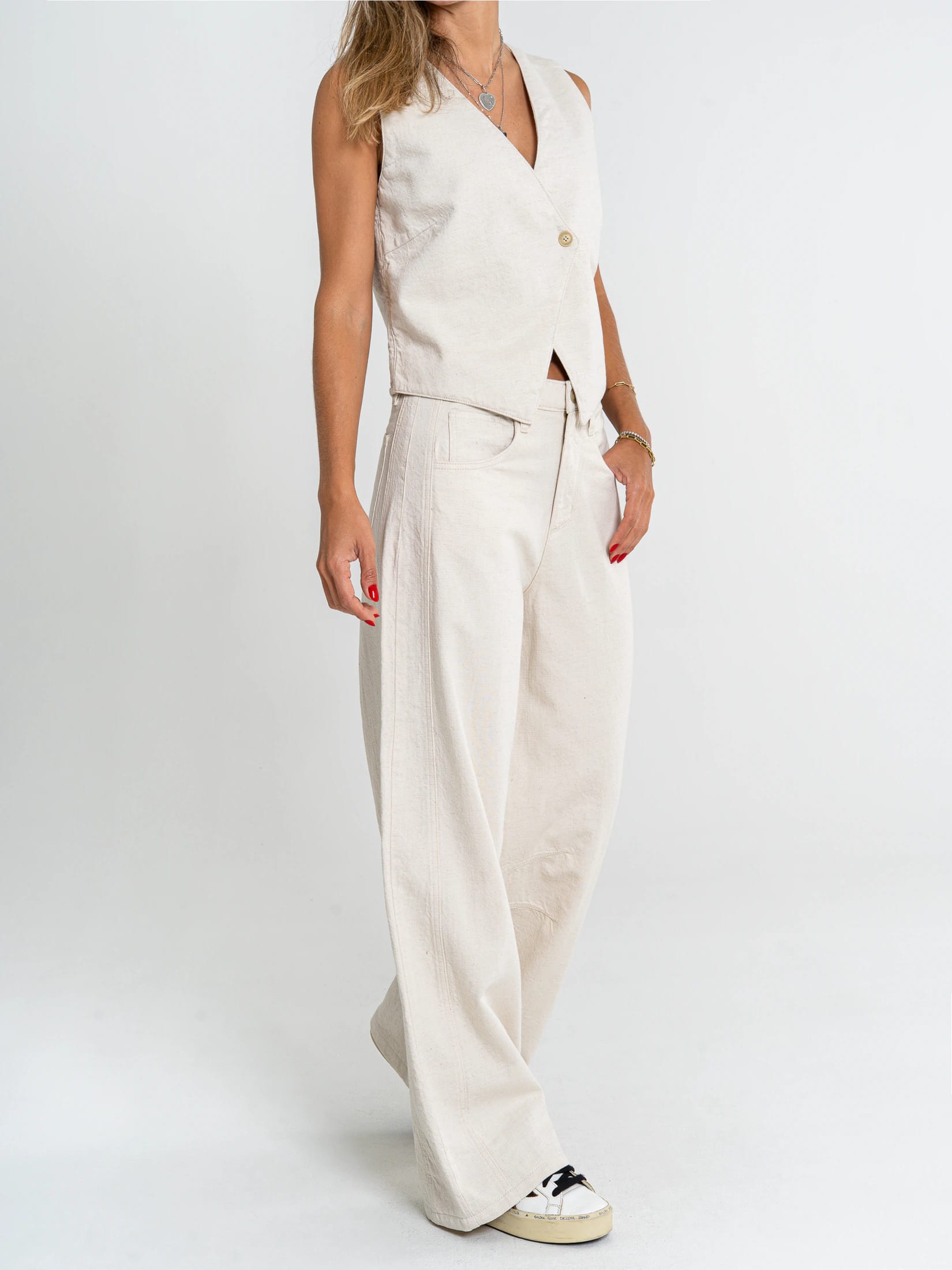 Ref: 069926 Pantalón wide leg, tiro alto, tono natural, tejido plano rígido, tipo lino - imagen 3