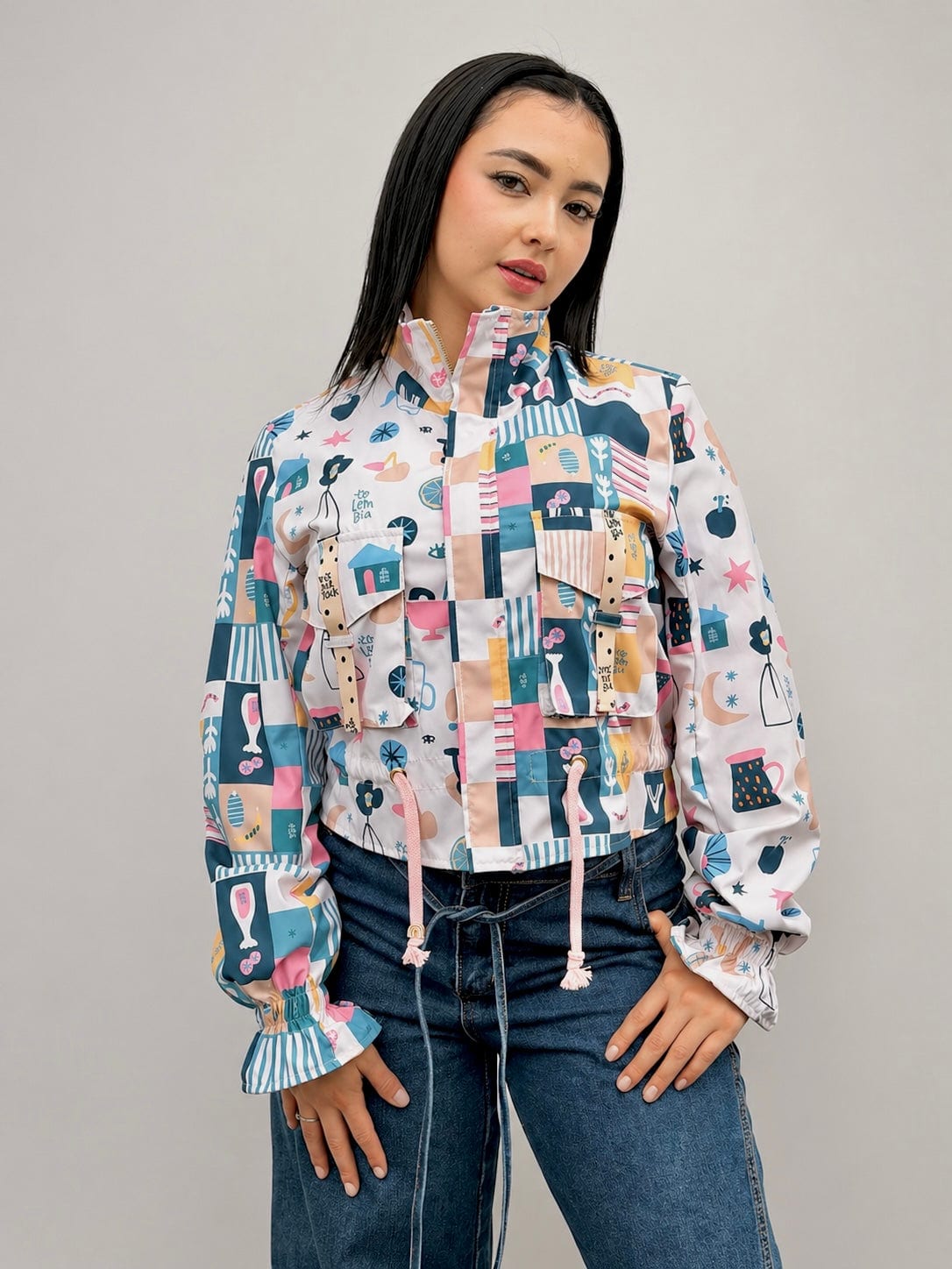 Chaqueta corta estampada crema - imagen 5