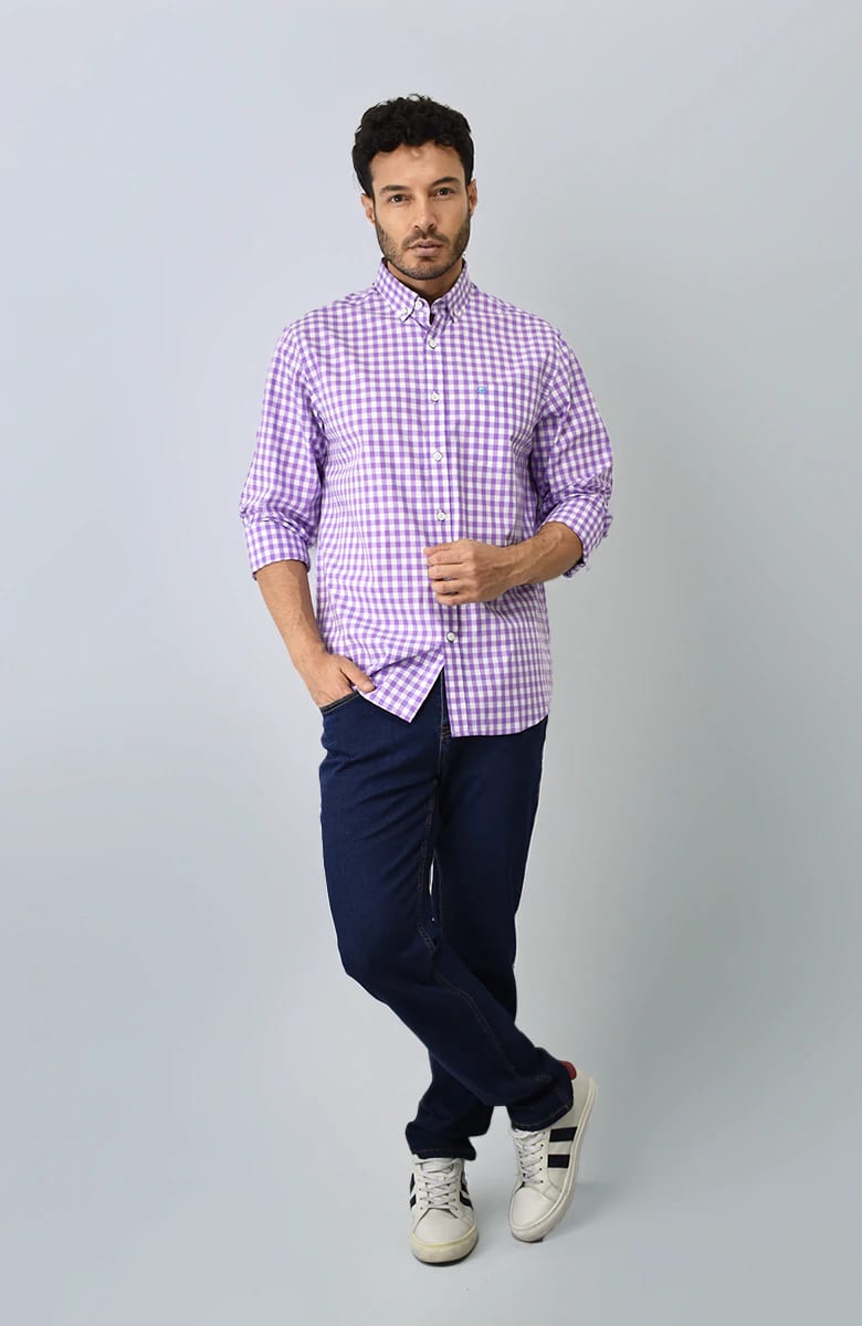 Camisa Manga Larga a cuadros Morada Para Hombre - imagen 2