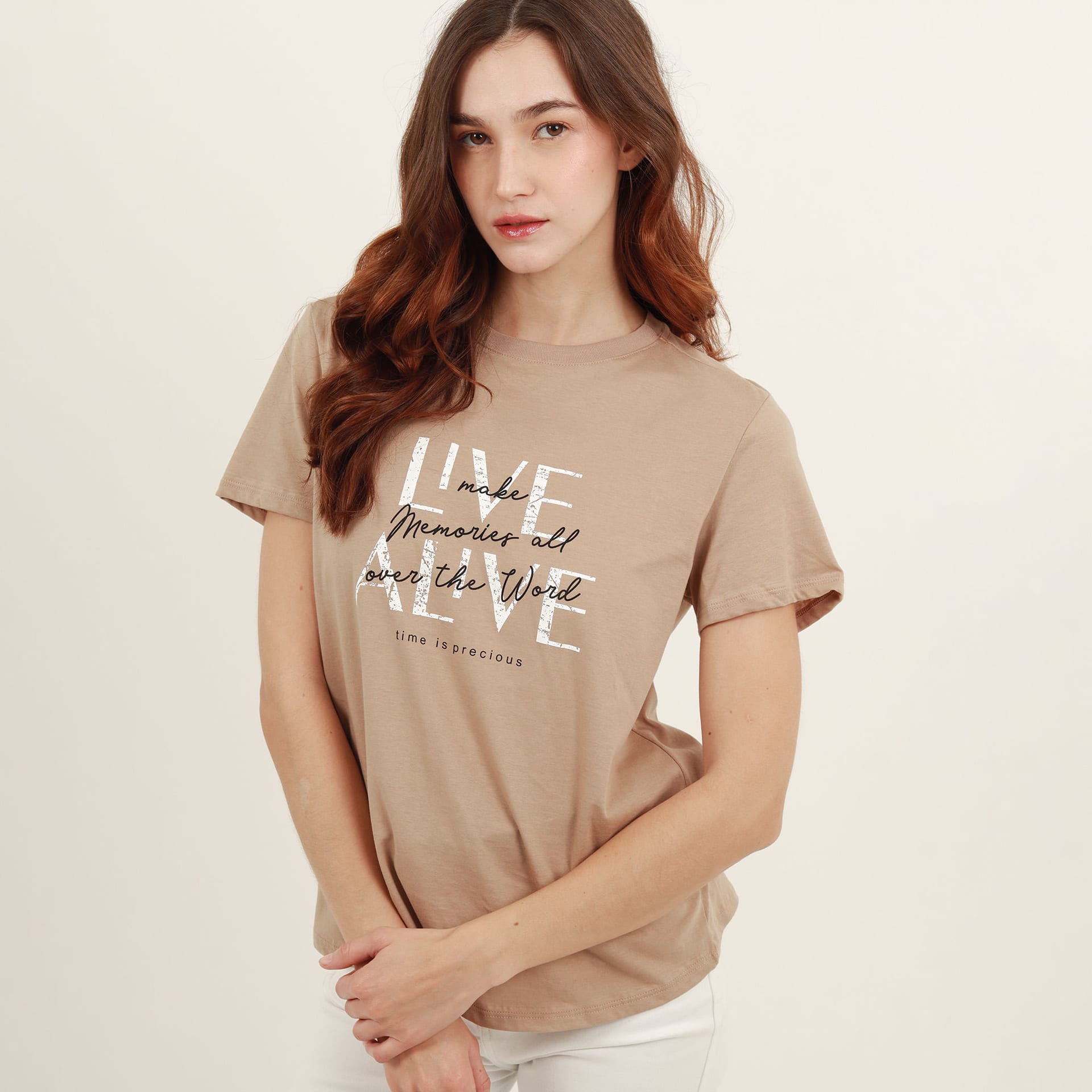 Camiseta cuello redondo manga corta con estampado Live Alive - imagen 1