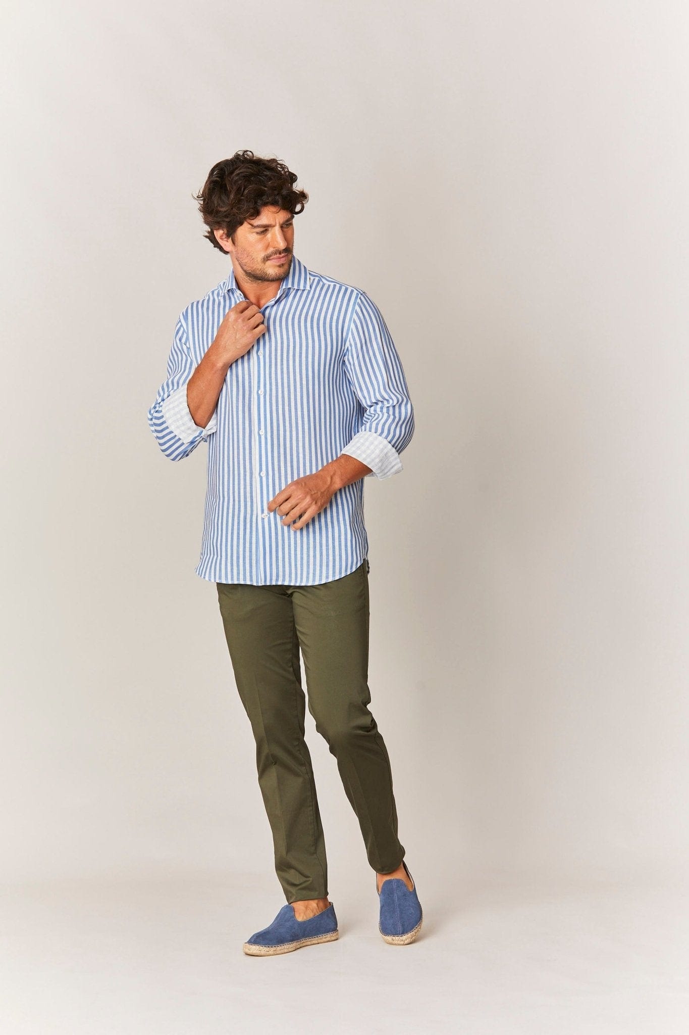 Men's linen shirt sky blue striped - imagen 4