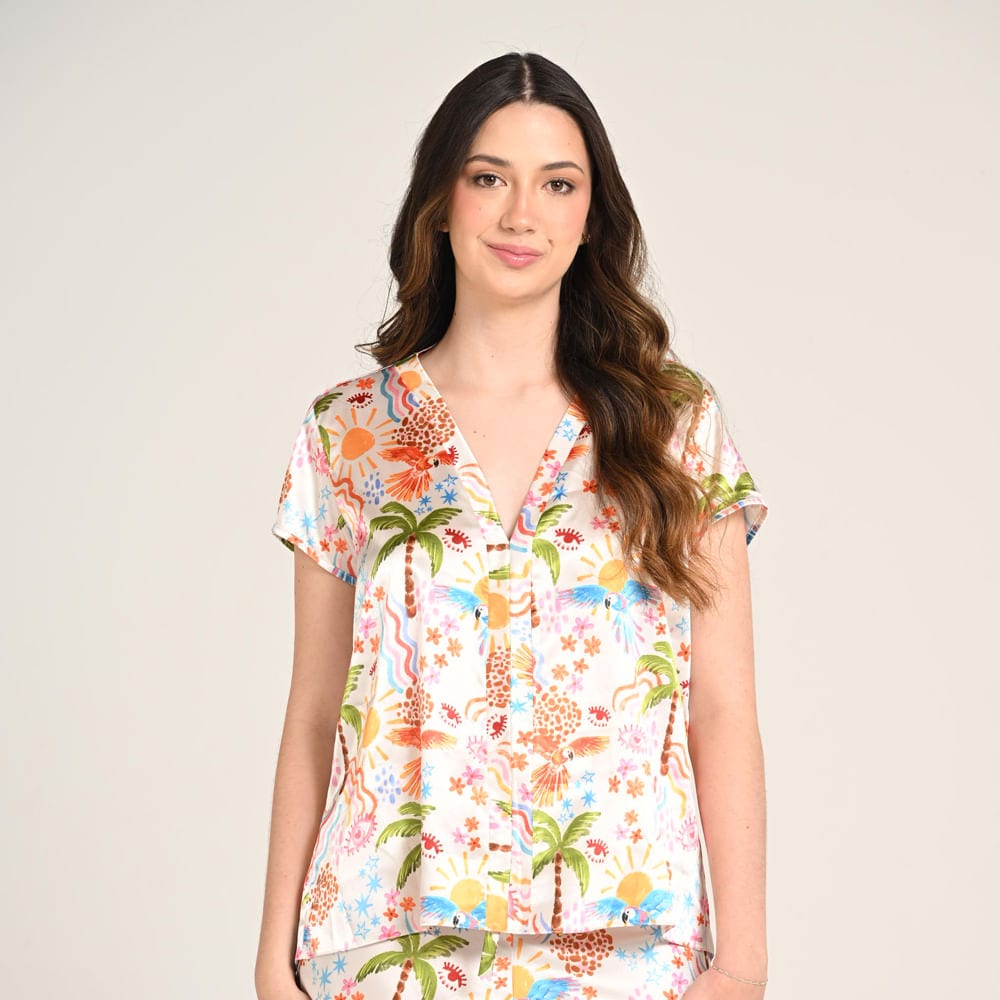 Camisa Pijama Manga Corta Satín Mujer Estampado Playa con Fondo París. - imagen 1