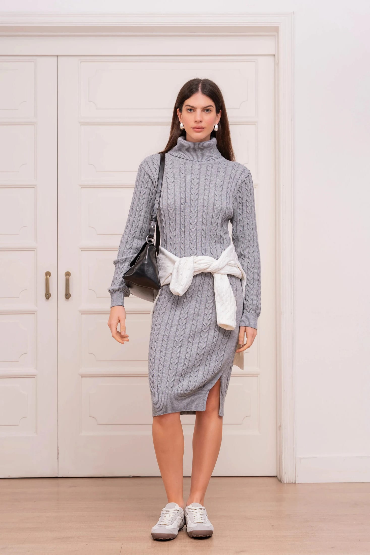 Vestido trenzado cuello tortuga Mujer Gris Claro - imagen 3
