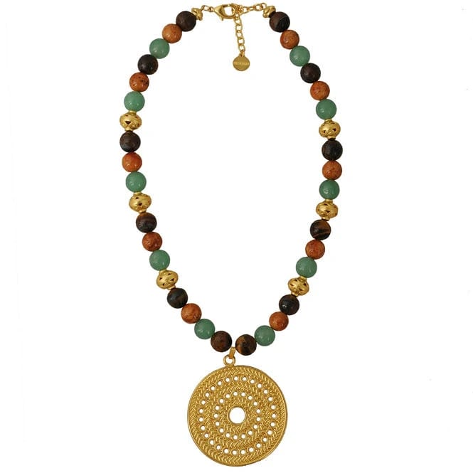 Collar Piedra Semipreciosa Ojo de Tigre, Aventurina, Fossil marrón y Dije Grande Pectoral Solar Muisca - imagen 1