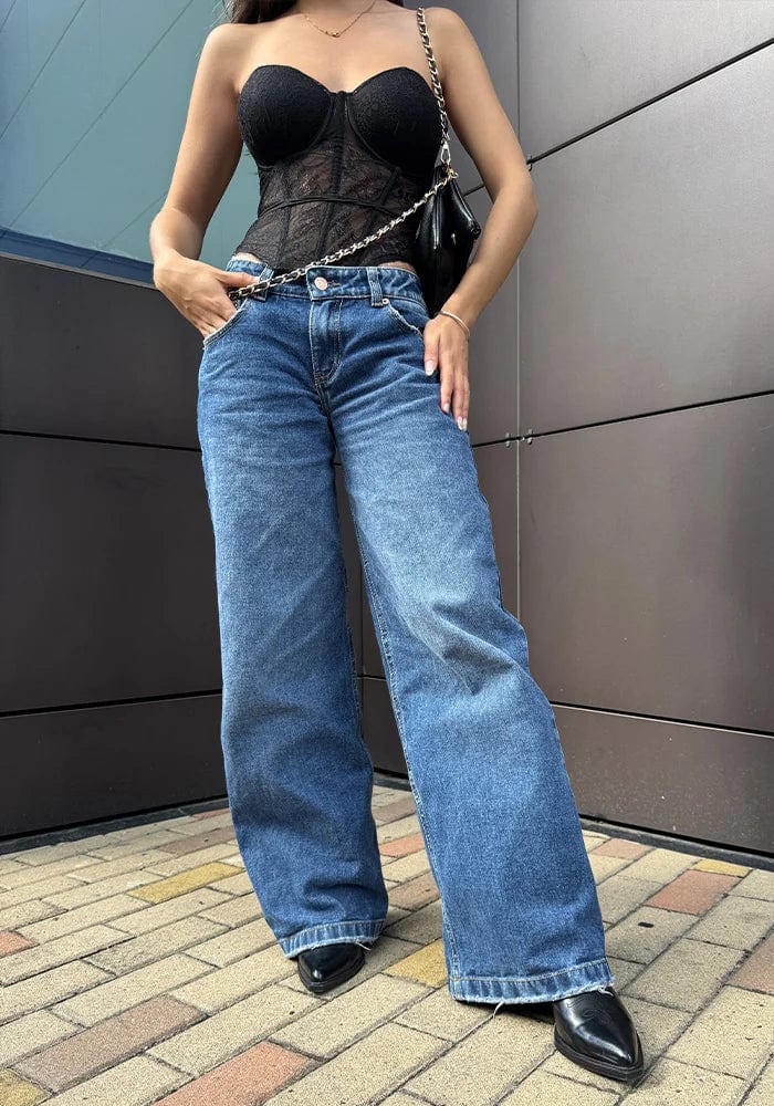 Jean Rígido Wide Leg Baggy para Mujer Tono Azul Medio Oscuro Tiro Bajo - imagen 9