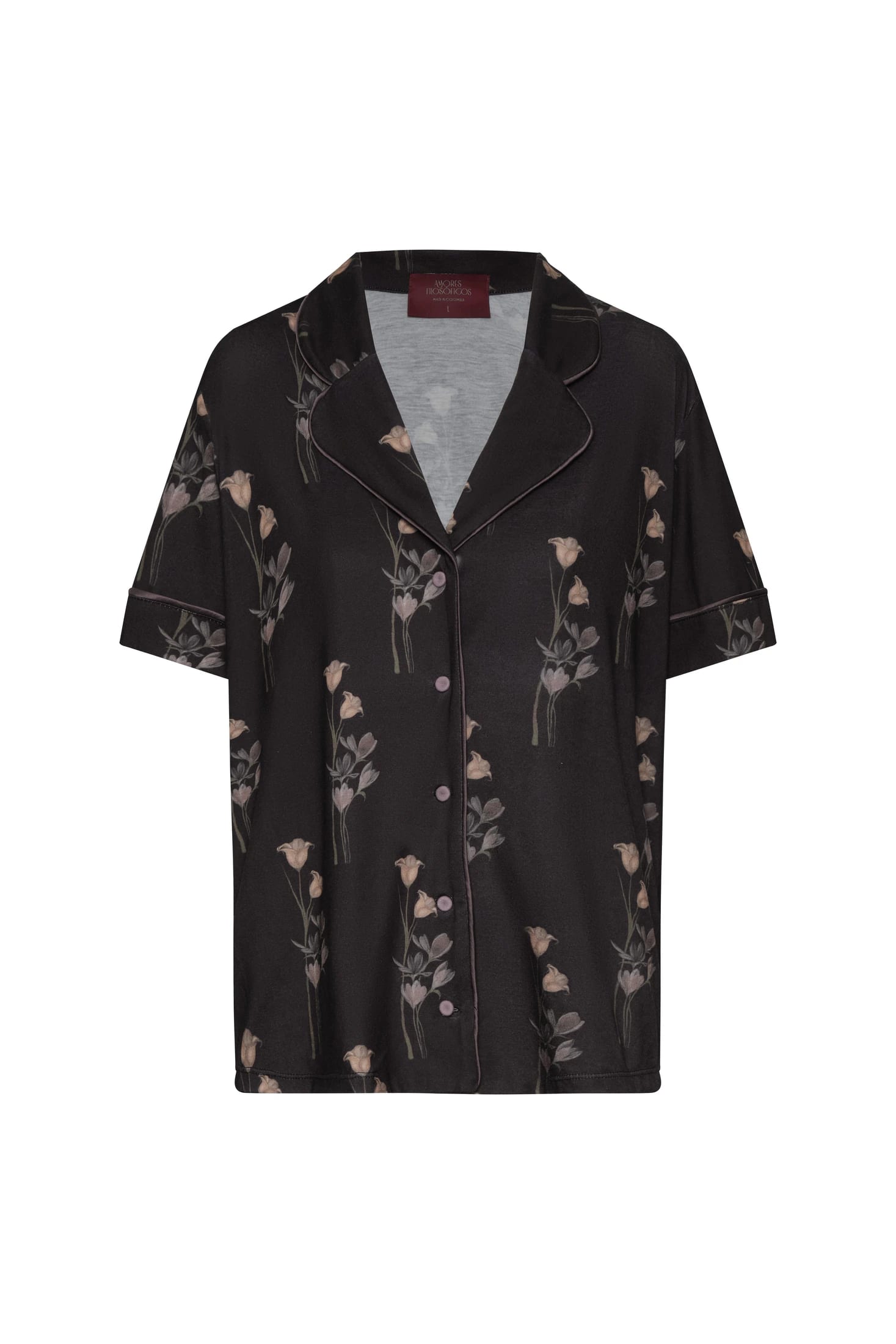 PIJAMA MANGA CORTA + PANT FLORES BLACK - imagen 1