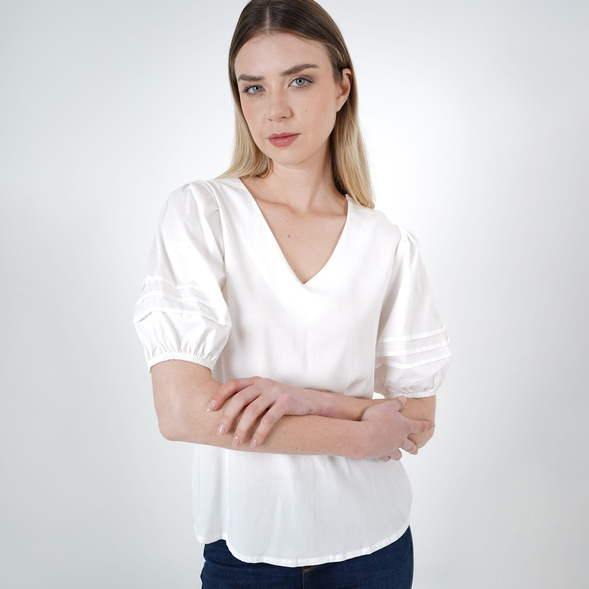 Blusa Cuello V Manga Corta Globo - imagen 1