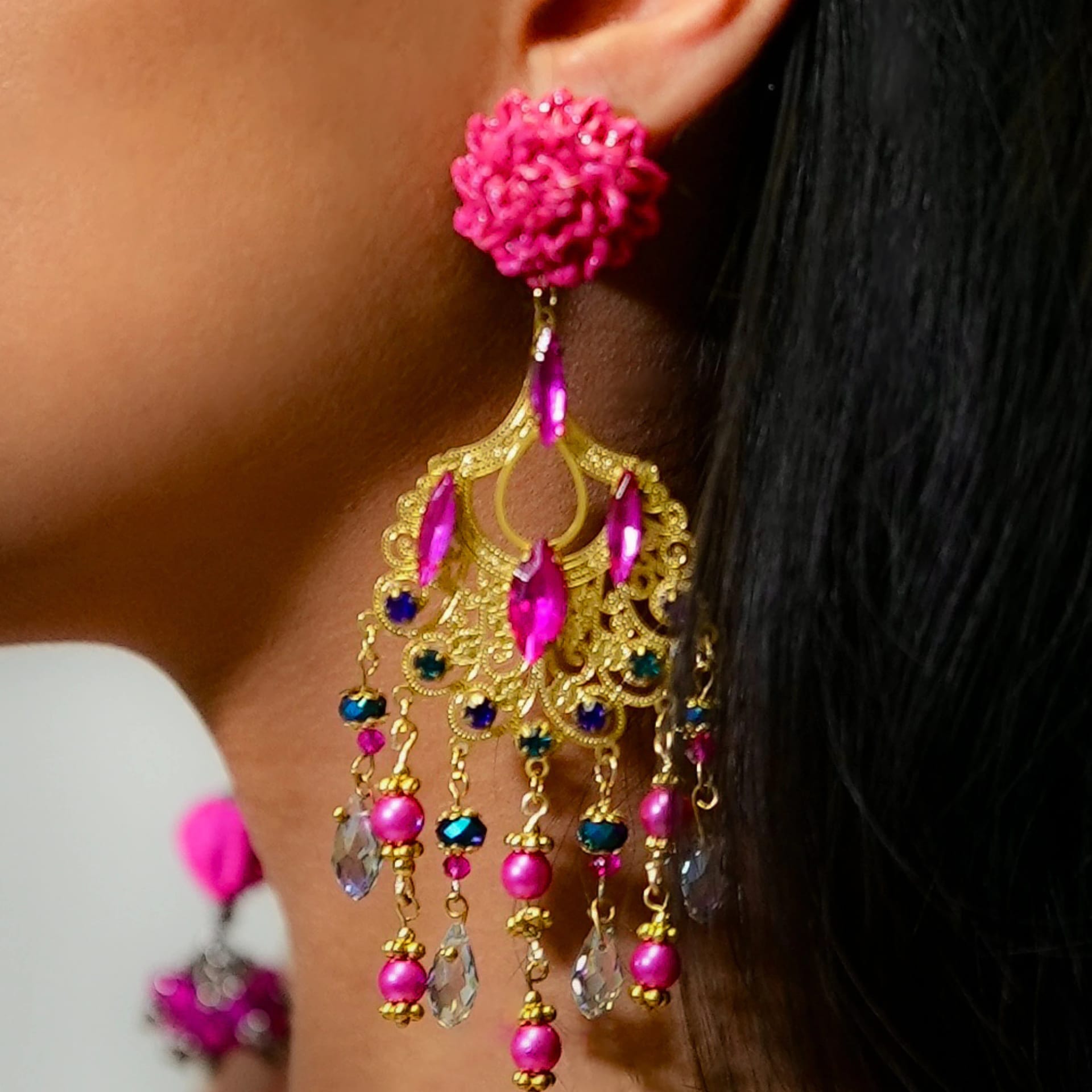 Pink Flower Waterfall Earrings - imagen 2