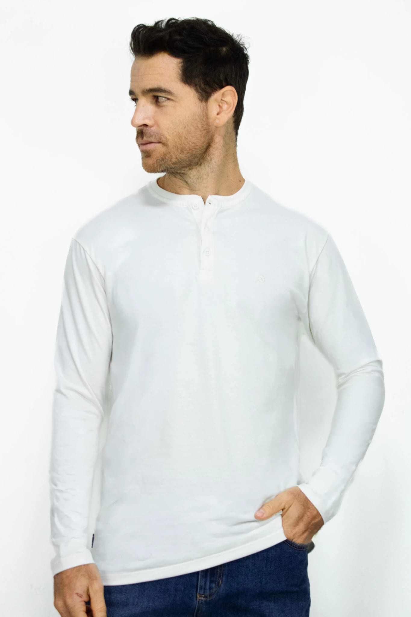 Camibuso Blanco Cuello Henley Manga Larga para Hombre - imagen 1