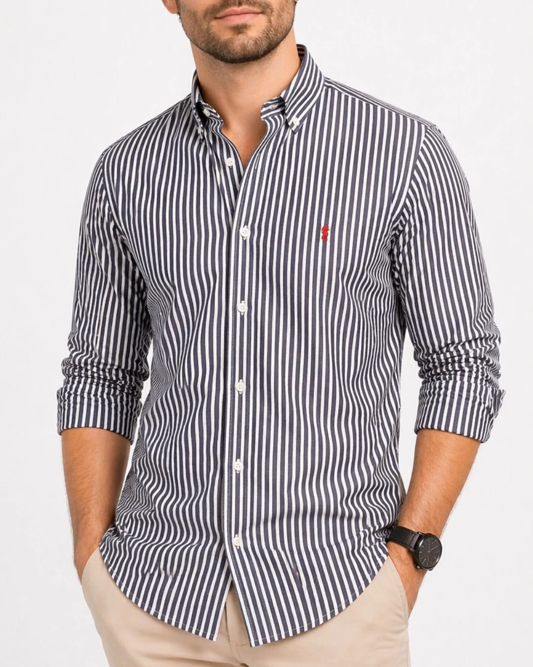Camisa 100% Algodón Manga Larga Azul Oscuro Rayas Blancas - imagen 4