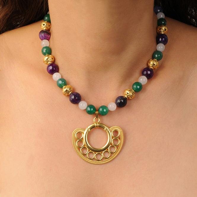 Collar Piedra Semipreciosa Ágatas Morada y Verde, Cuarzo Rosado y Dije Extragrande Nariguera Filigrana Simple Sinú - imagen 2