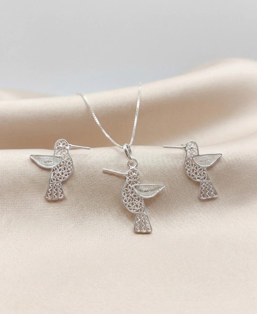 Juego Cadena Aretes Colibrí en Plata ley 950 Filigrana - imagen 2