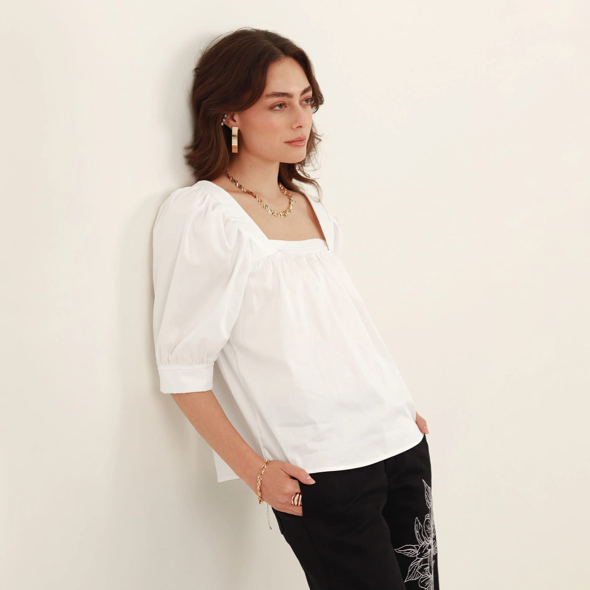 Blusa ancha cuello cuadrado manga globo 3/4 - imagen 3