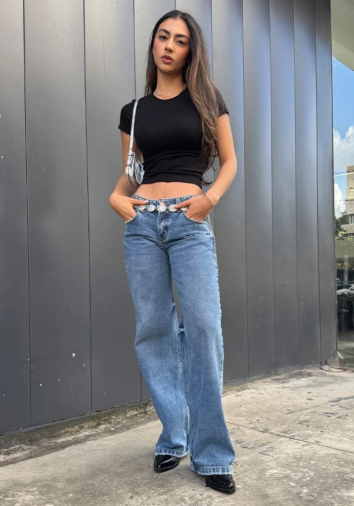 Jean para Mujer Wide Leg Tiro Bajo Azul Medio Claro - imagen 9