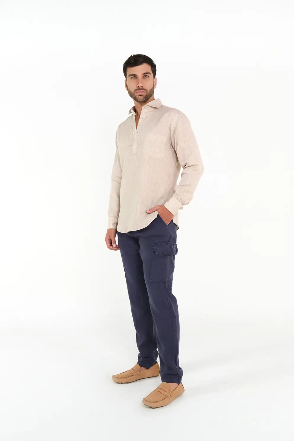 Pantalón Cargo Slim Fit 100% Lino Azul Oscuro - imagen 1