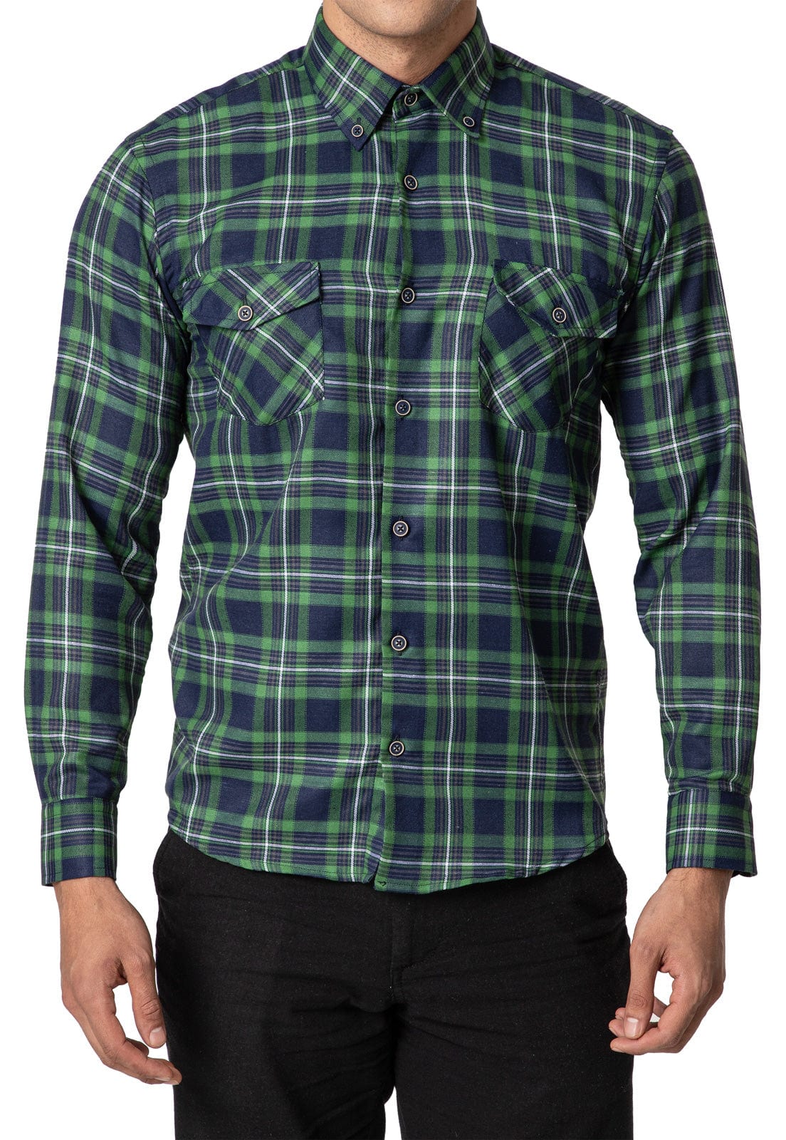 Camisa leñadora doble bolsillo verde, azul y blanco - imagen 3