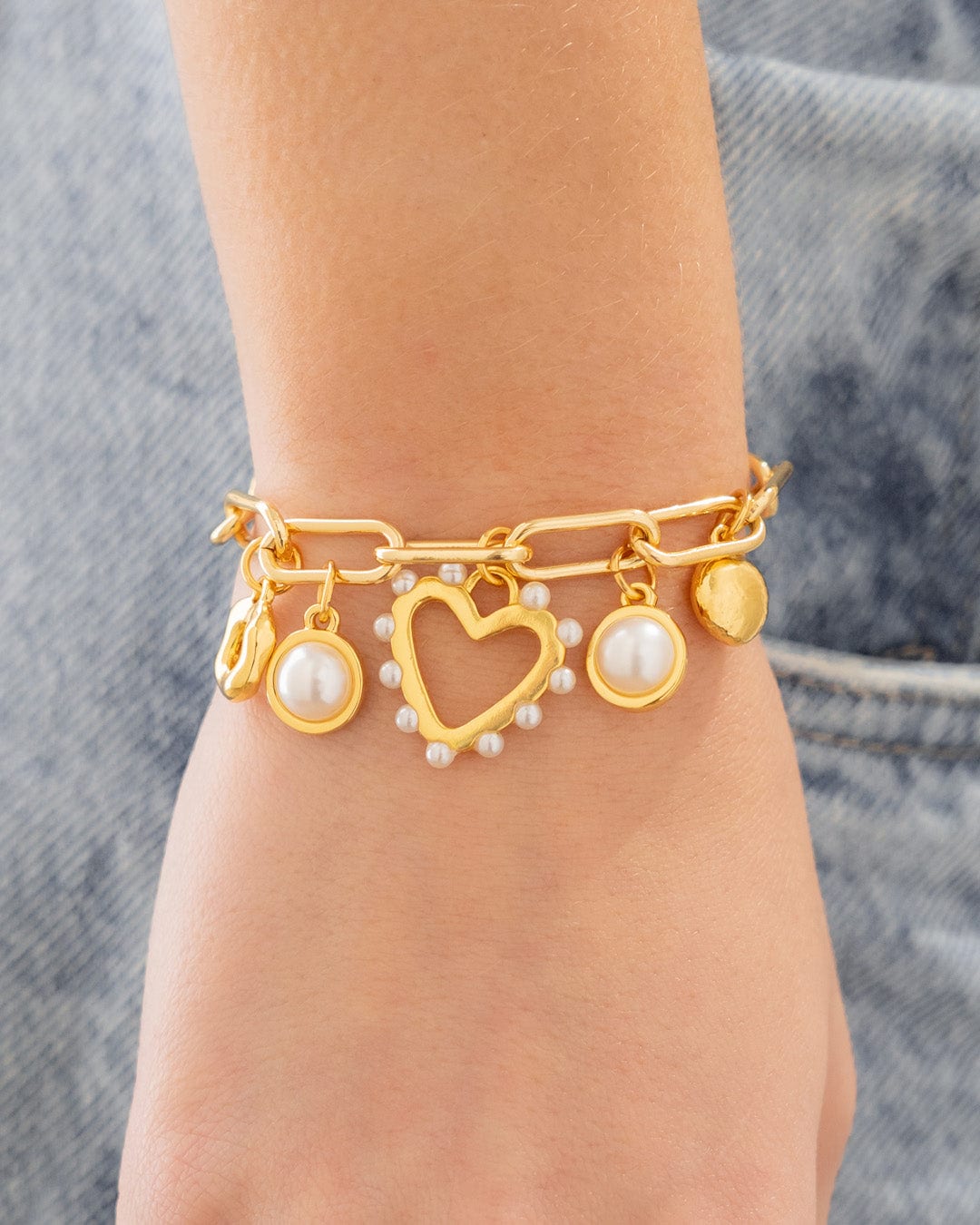 Pulsera Multicharms Corazón Perla + Aretes - imagen 1