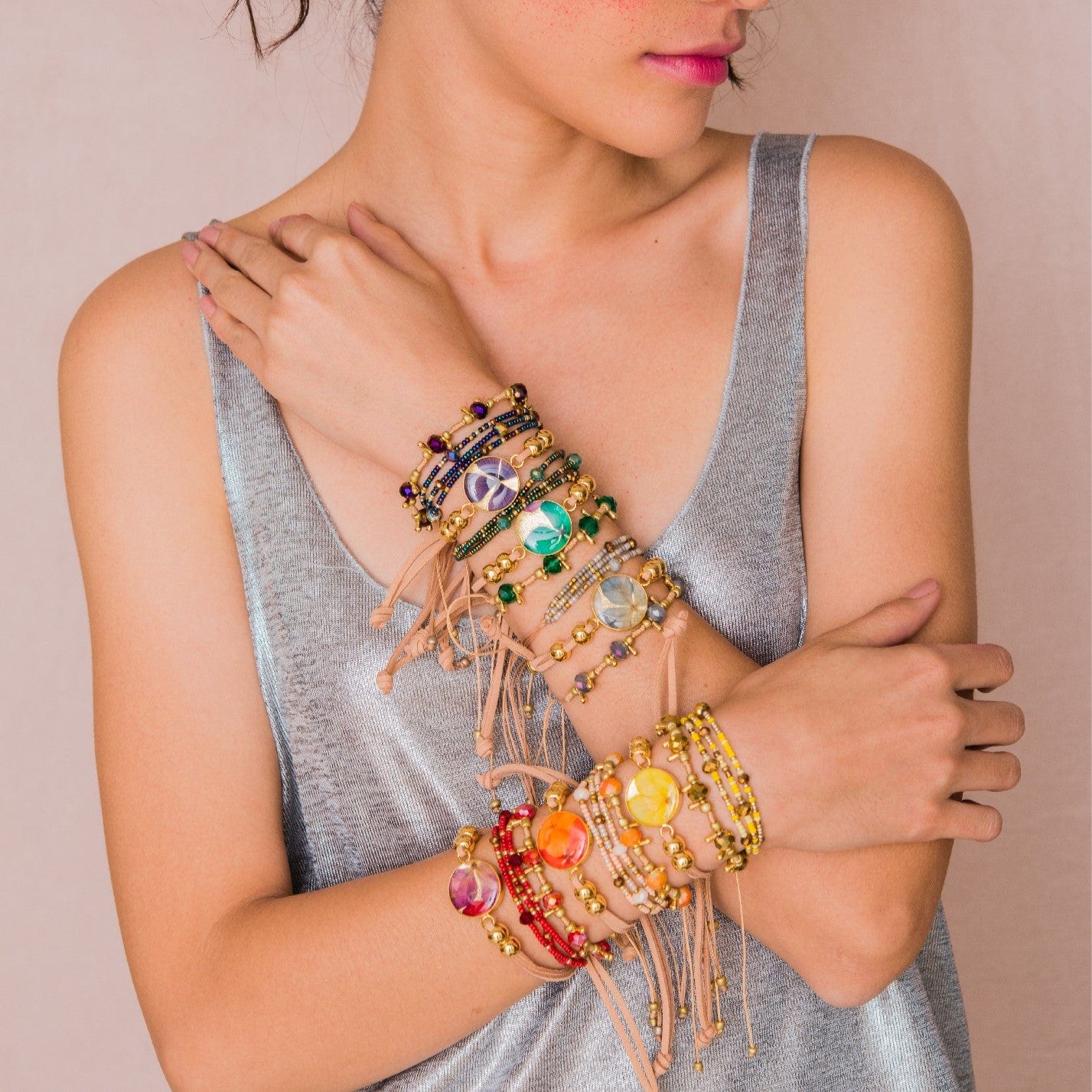 Set pulsera X3, pulsera cristales, mostacilla y cuero - imagen 1