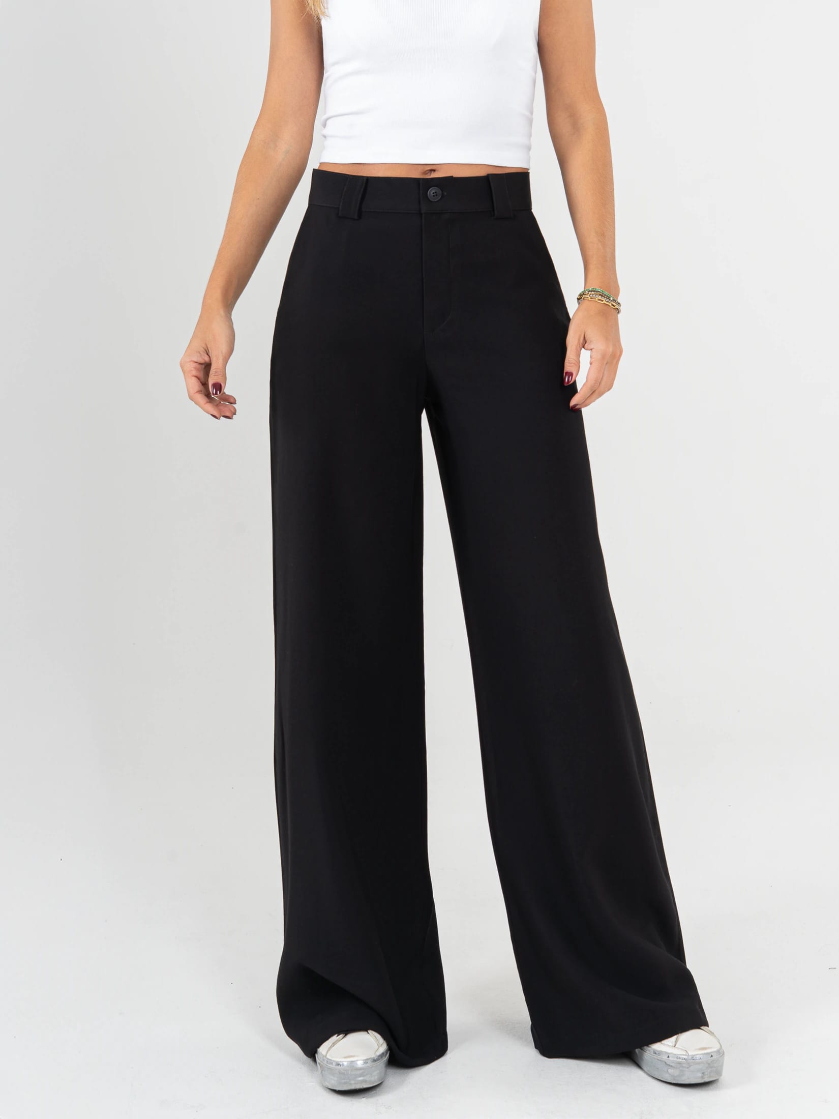 Ref: 0620601 Pantalón palazzo, tejido plano liviano, tiro alto, tono negro - imagen 1