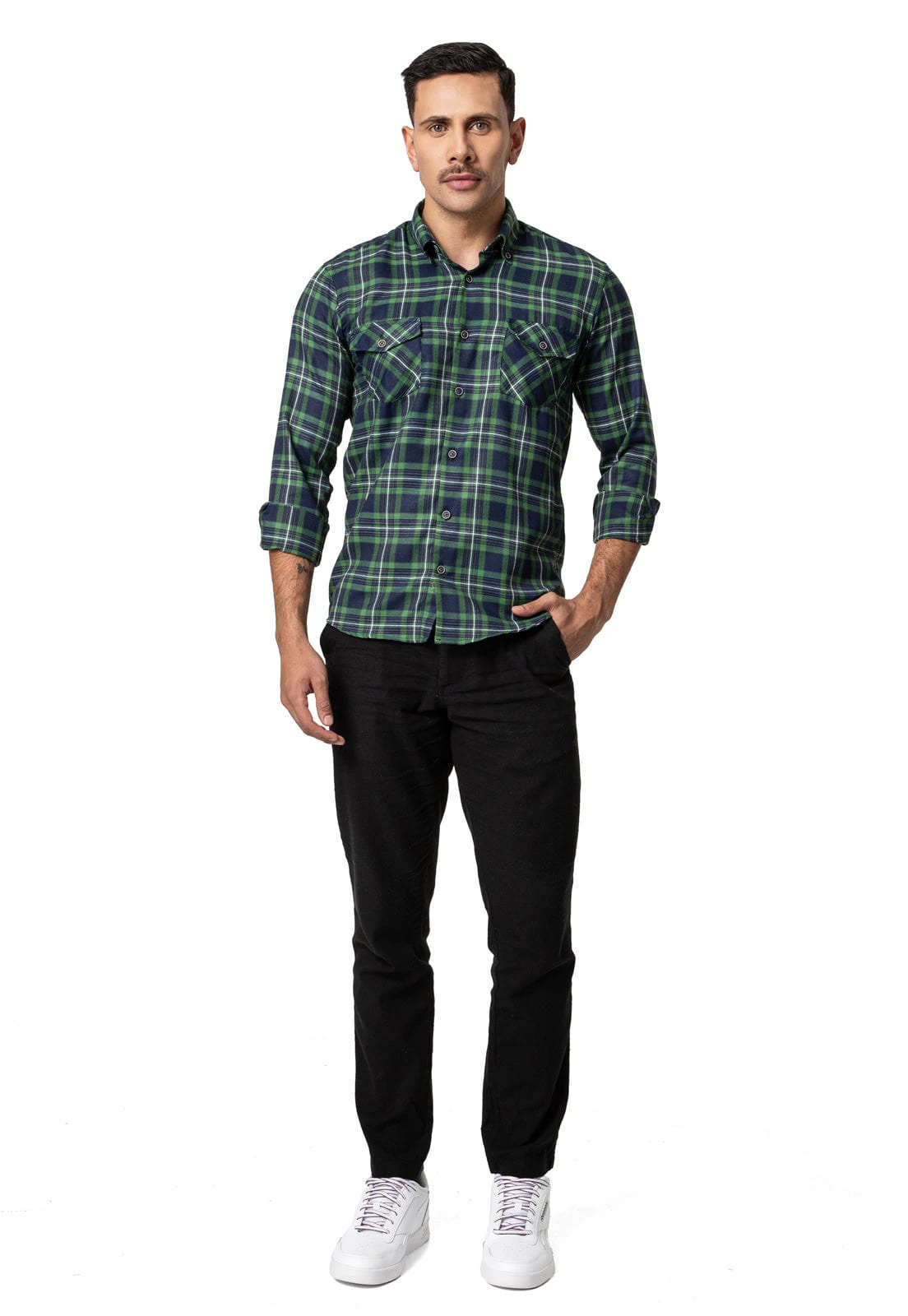 Camisa leñadora doble bolsillo verde, azul y blanco - imagen 4