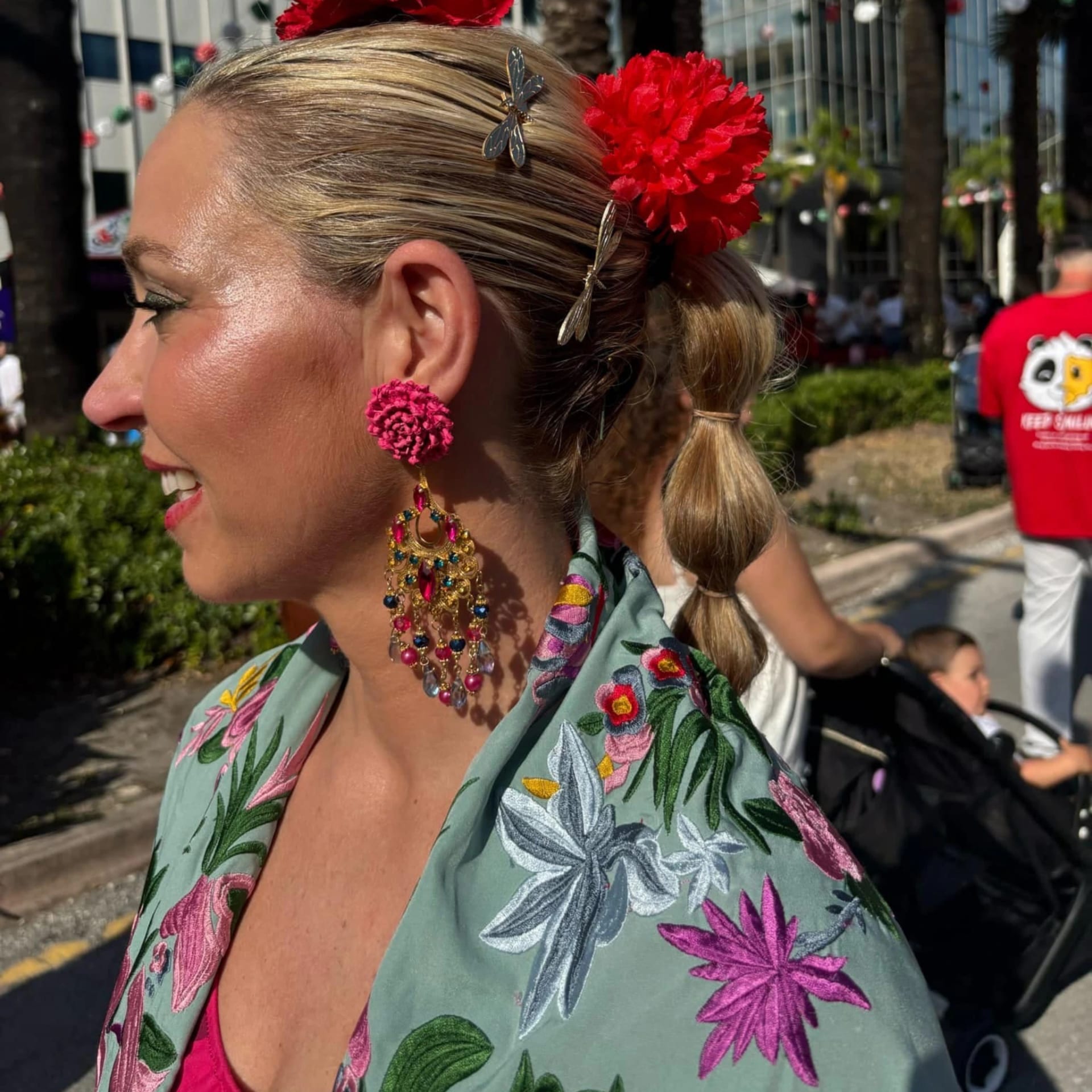 Pink Flower Waterfall Earrings - imagen 3