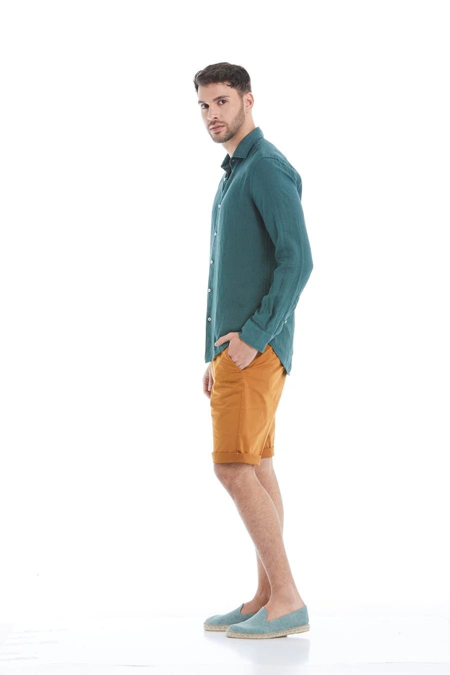 Men's linen shirt dark green - imagen 11