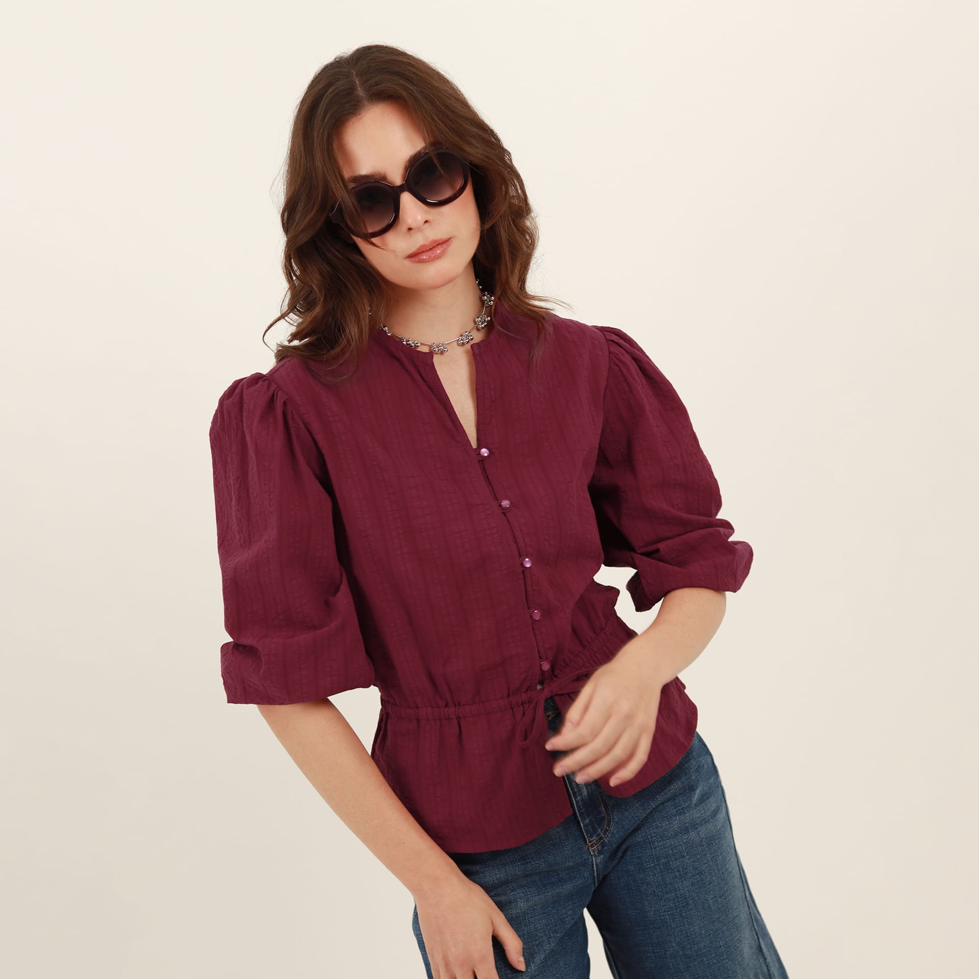 Blusa abierta cuello redondo manga globo 3/4 con cordón en cintura - imagen 10