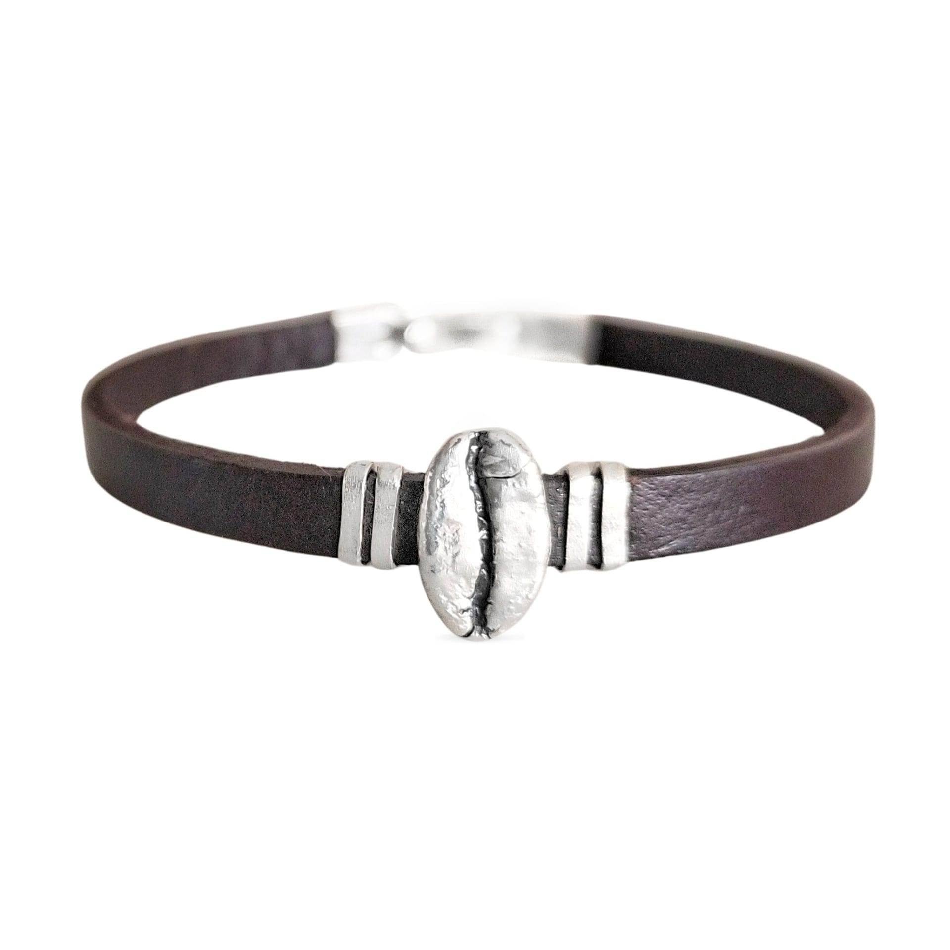 Pulsera Café Gesha en plata envejecida con cuero plano - imagen 1