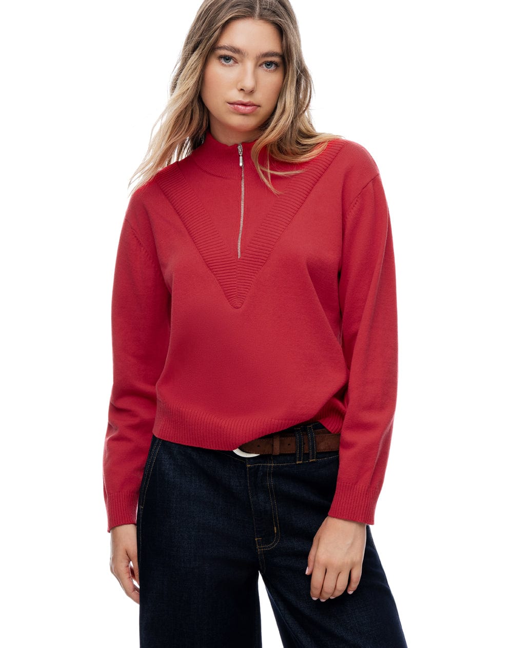Buzo tejido regular cuello alto cierre rojo mujer - imagen 1