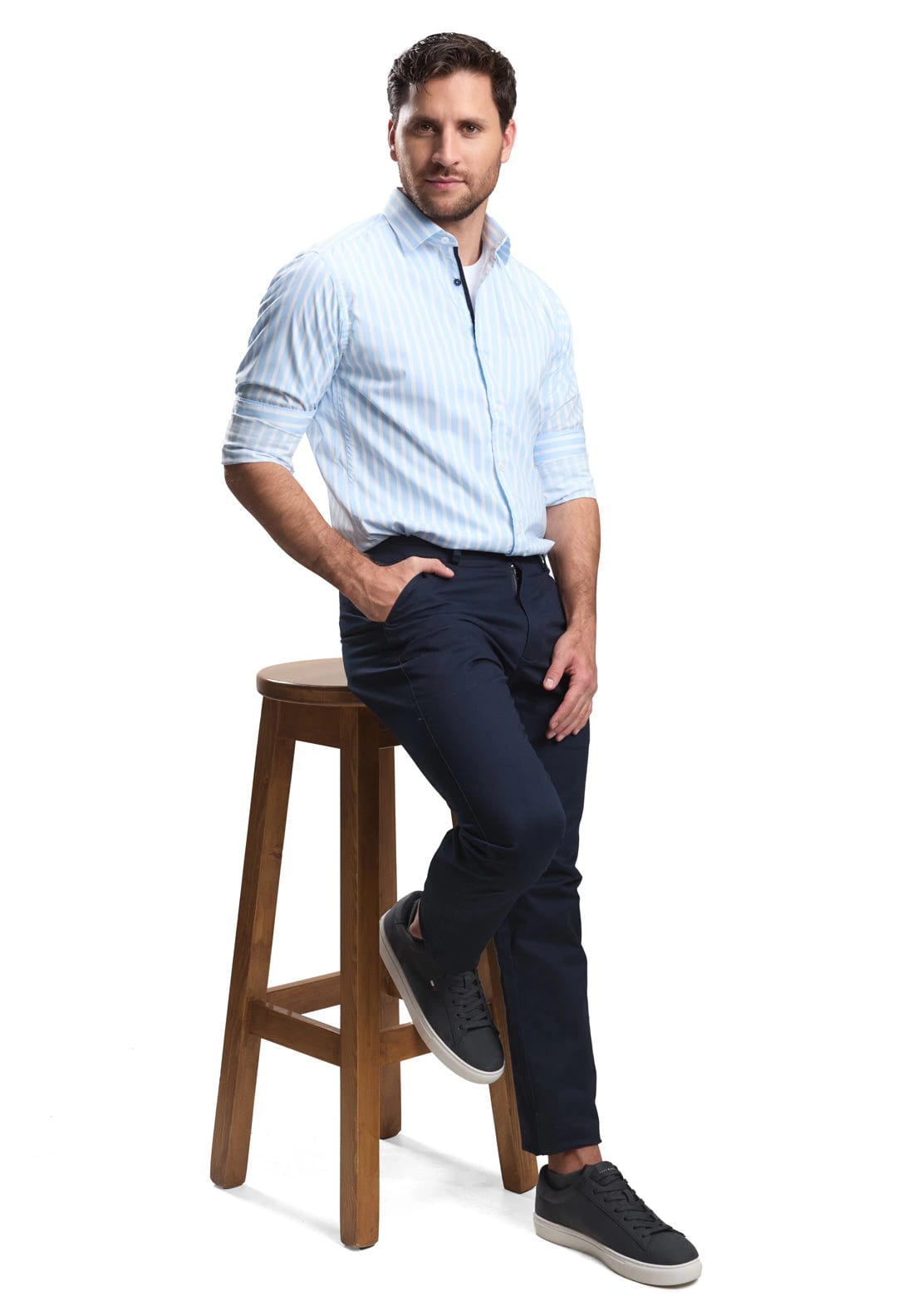 Camisa casual slim fit azul a rayas blancas - imagen 4
