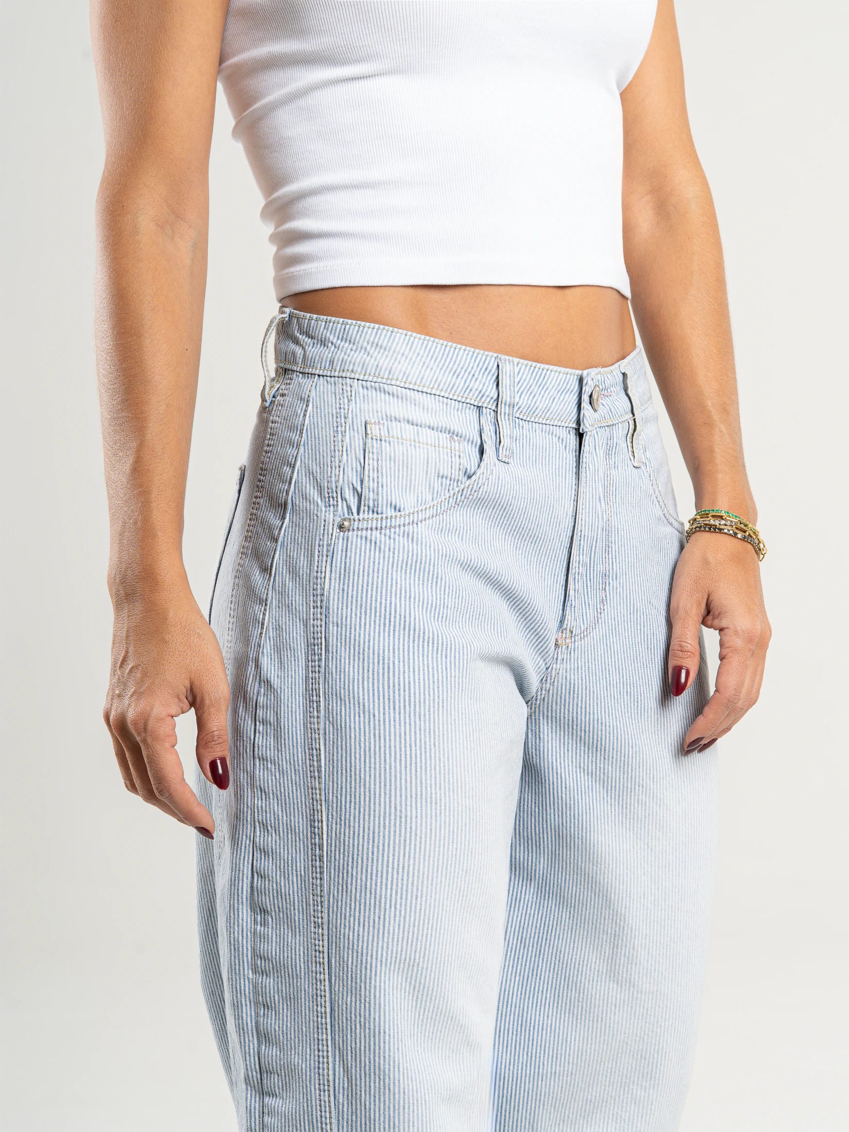 Ref: 066089 Jean wide leg, rayas, rígido, tiro alto, tono azul, pinzas en pierna - imagen 4