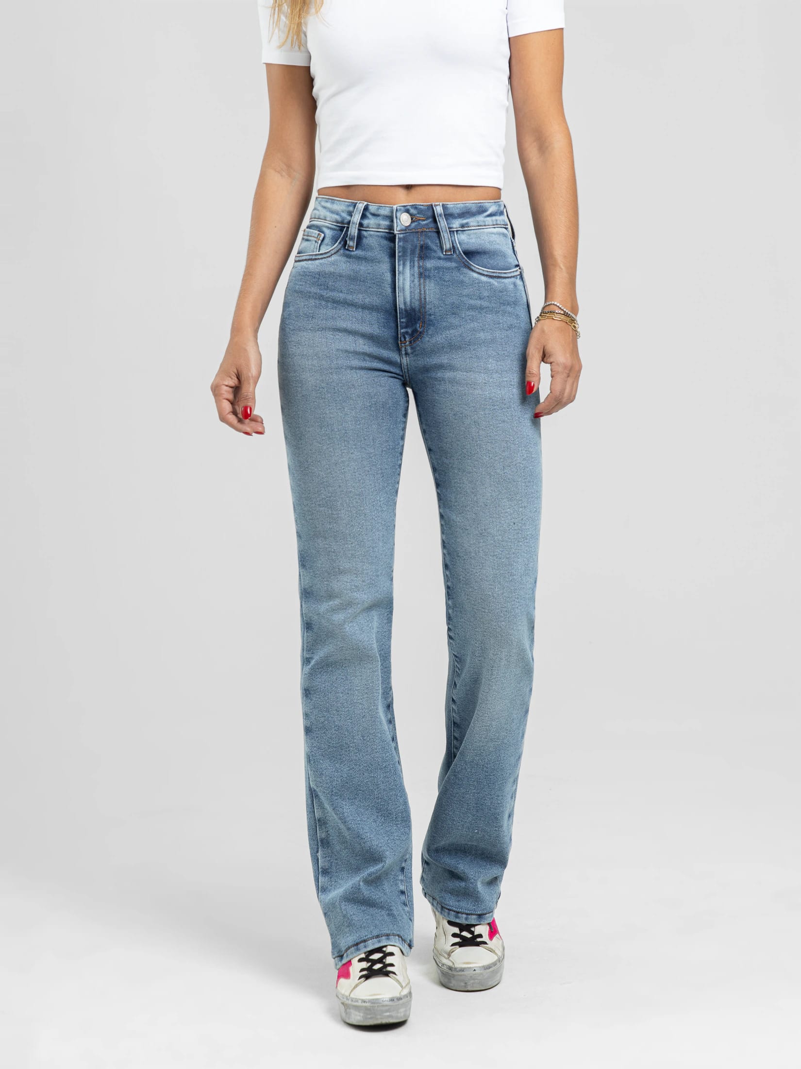 Ref: 066399 Jean straight leg, stretch, tiro alto, tono azul medio - imagen 1
