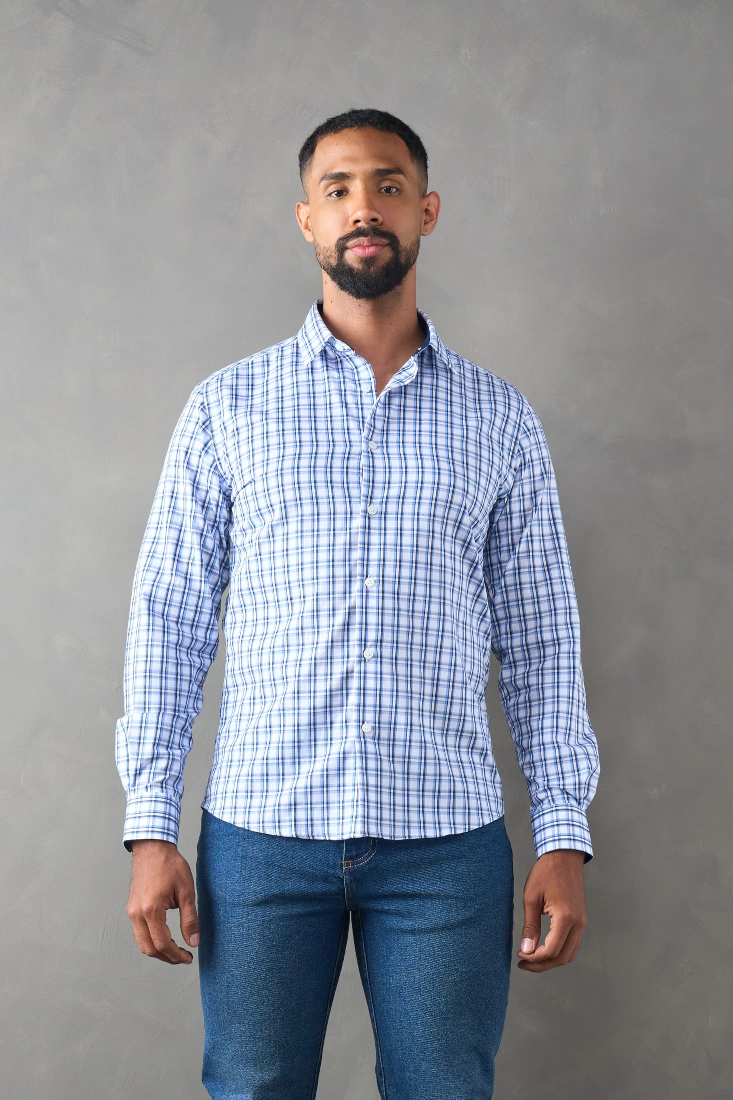 Camisa slim fit azul oscuro a cuadros - imagen 1