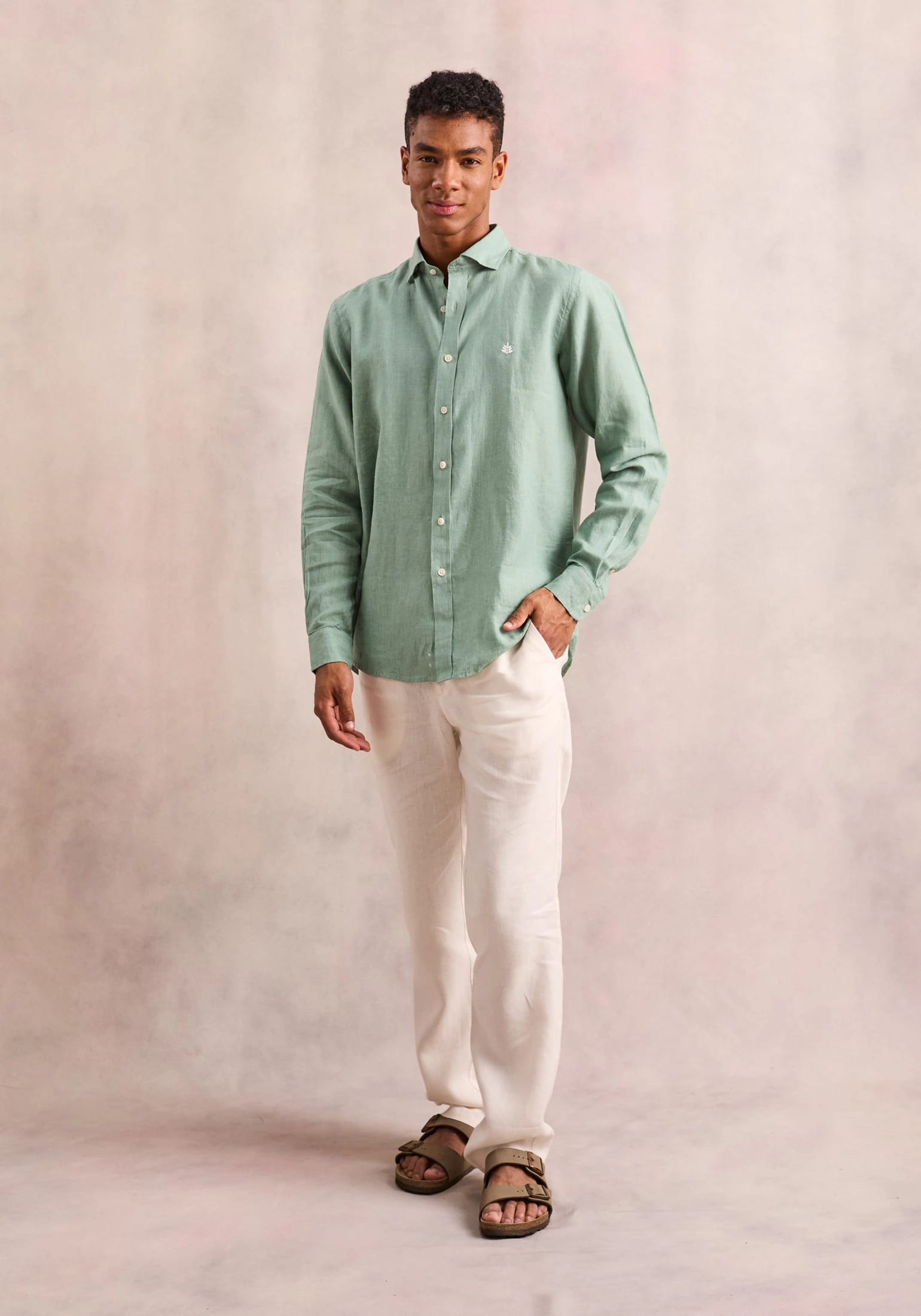Camisa Lino Cuello Francés Verde Medio L-Bla - imagen 2