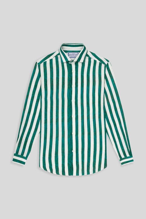 Men's linen shirt green faded striped - imagen 1