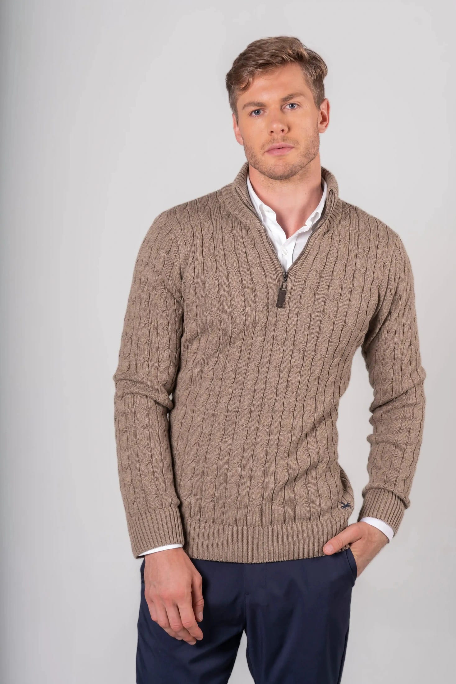 Suéter Halfzip Trenzado Hombre Camel - imagen 1