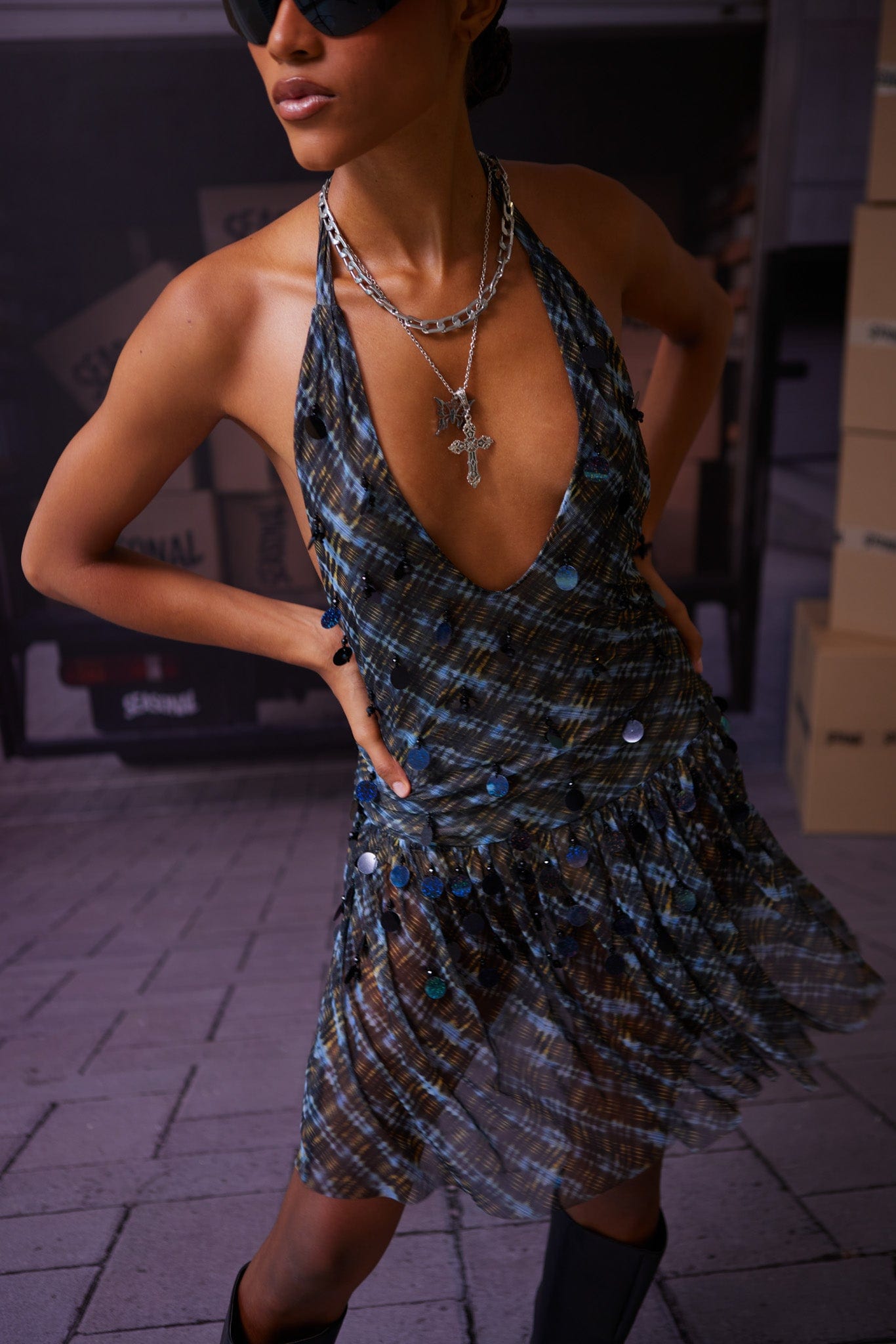 NIGHT GRID EMBROIDERED MESH DRESS - imagen 1