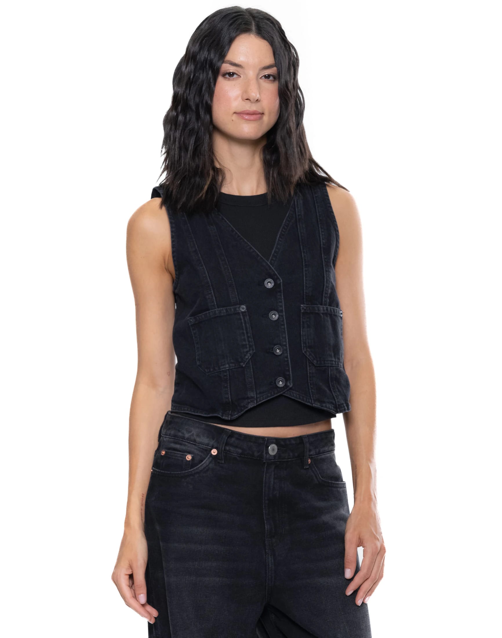 Chaleco Denim Negro Con Bolsillos - imagen 4