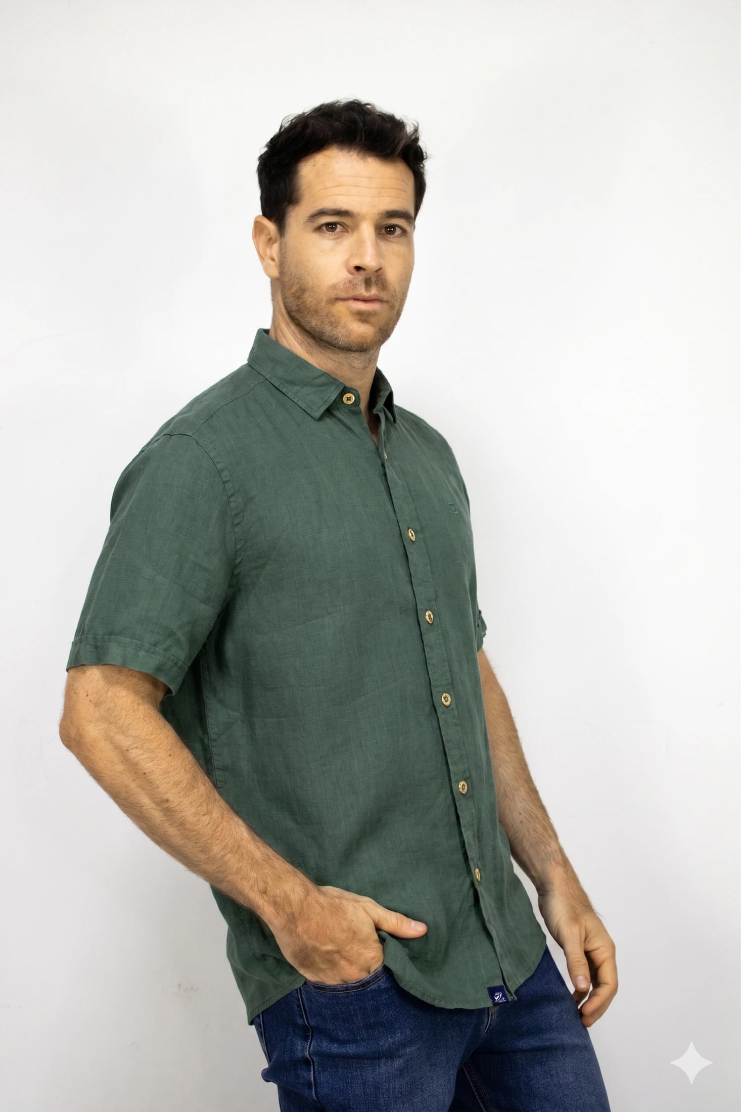 Camisa Lino Manga Corta Verde Para Hombre - imagen 2