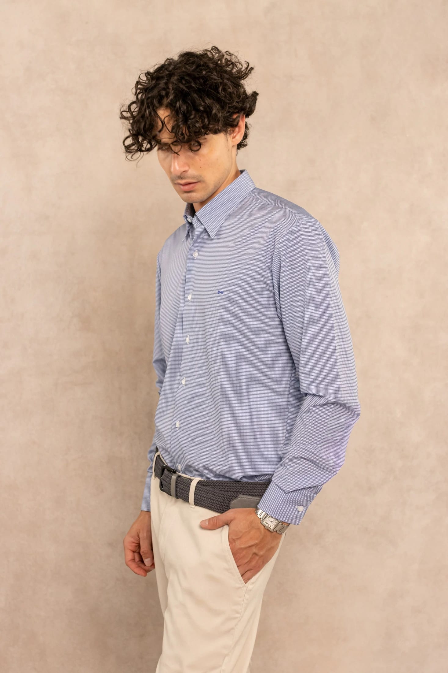 Camisa Performance Antiarrugas Cuadros Textura Azul Oscuro - imagen 3
