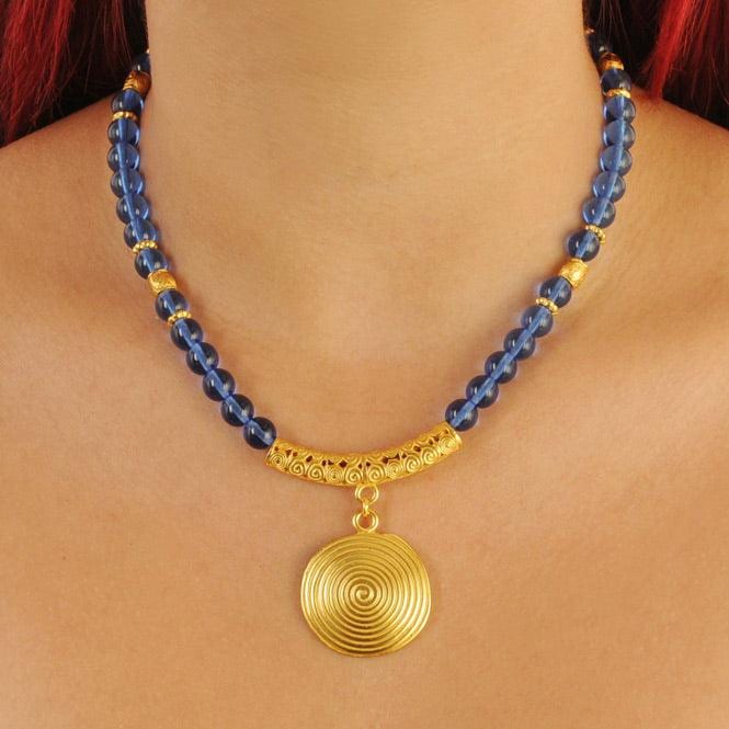 Collar Cristal Checo Azul 8mm, Dije Mediano Pectoral Quimbaya - imagen 2