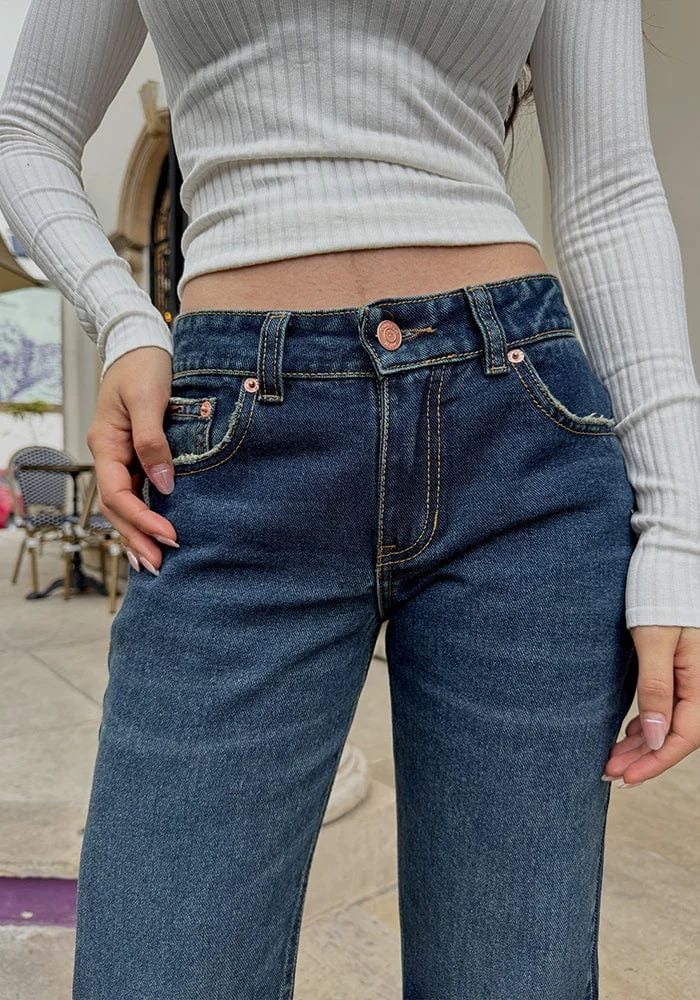 Jeans Straight Leg Azul Oscuro Dirty Tiro Bajo - imagen 10