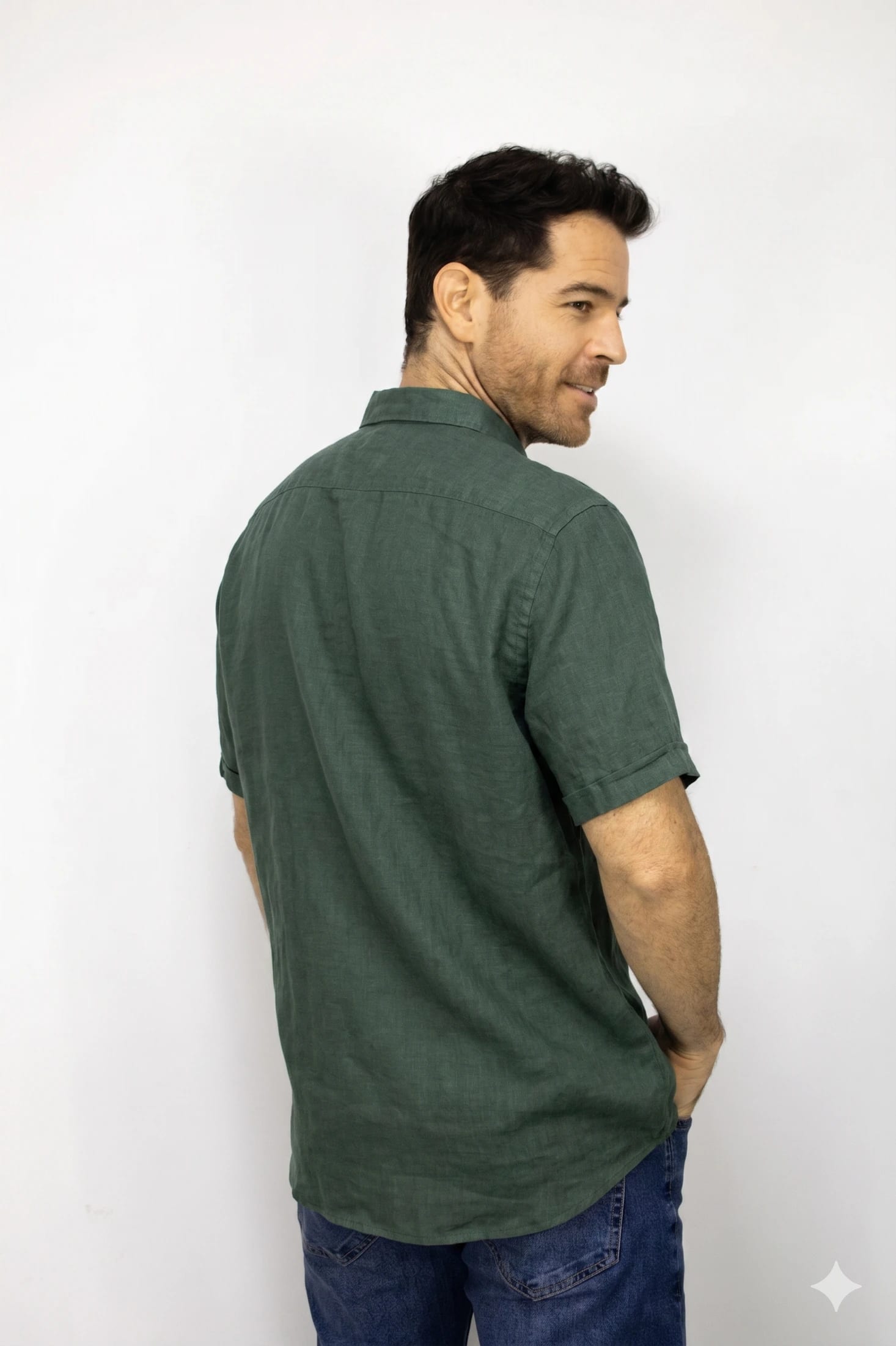 Camisa Lino Manga Corta Verde Para Hombre - imagen 3